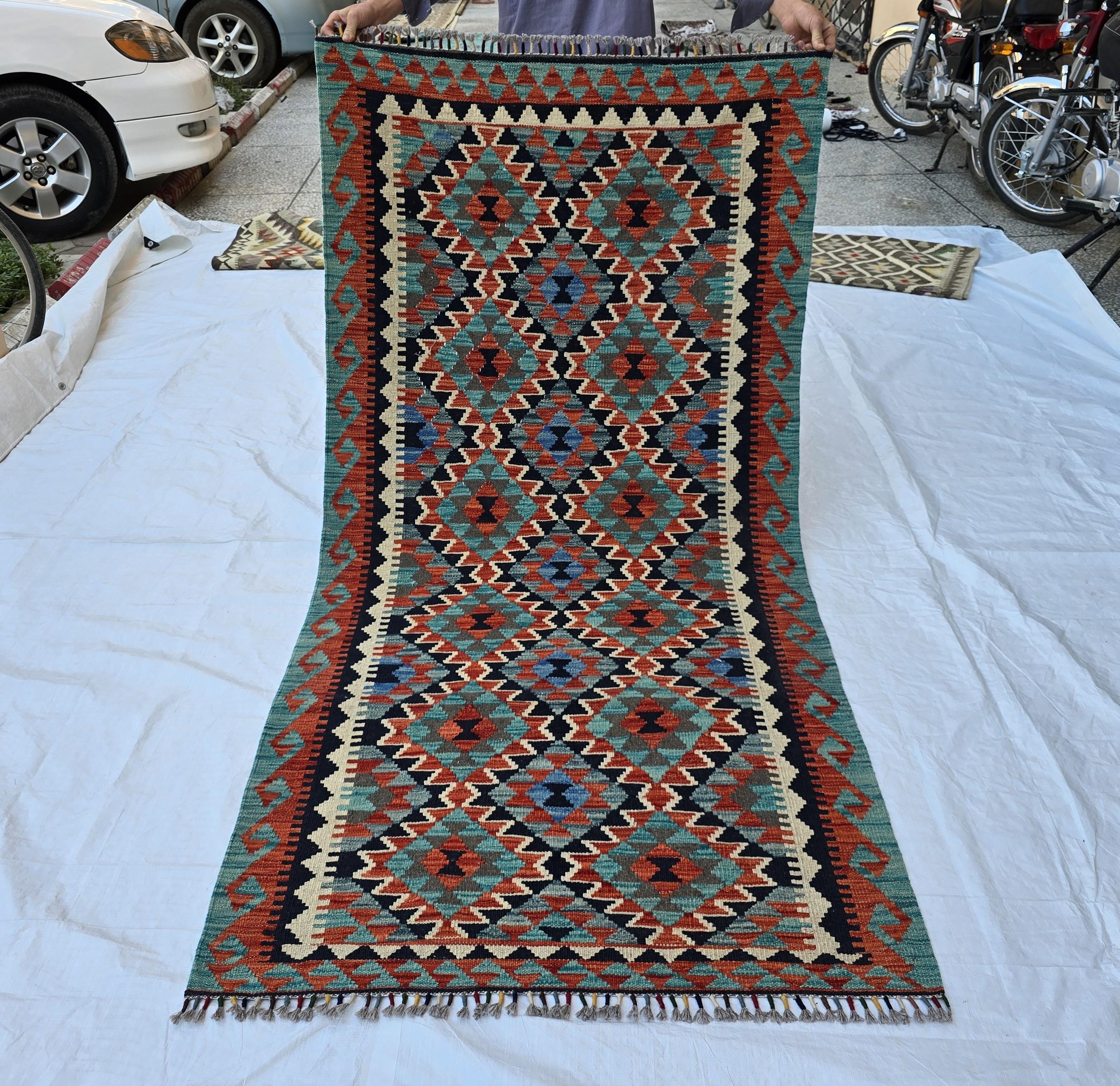 3x7 Multicolor Afghan Kilim Rug, Turkmen Flatweave Oriental Wool Floor Rug, Boho Home Decor, Hallway Rug, Entrance Rug, Kitchen Decor Rug