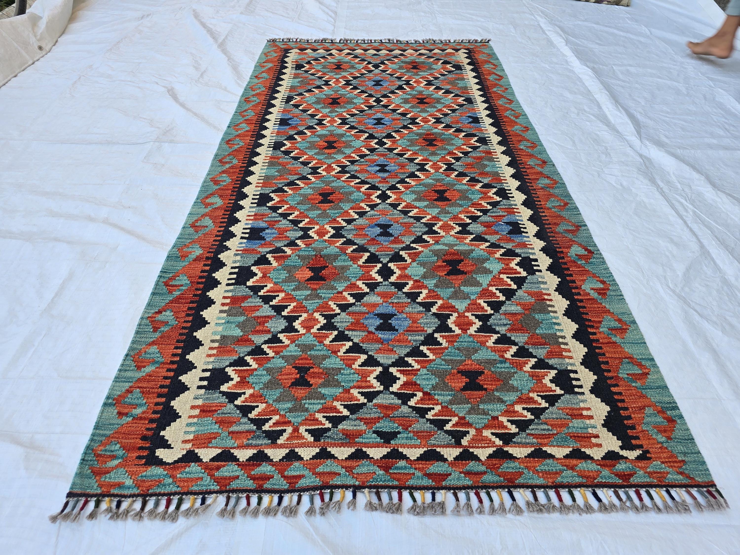 3x7 Multicolor Afghan Kilim Rug, Turkmen Flatweave Oriental Wool Floor Rug, Boho Home Decor, Hallway Rug, Entrance Rug, Kitchen Decor Rug