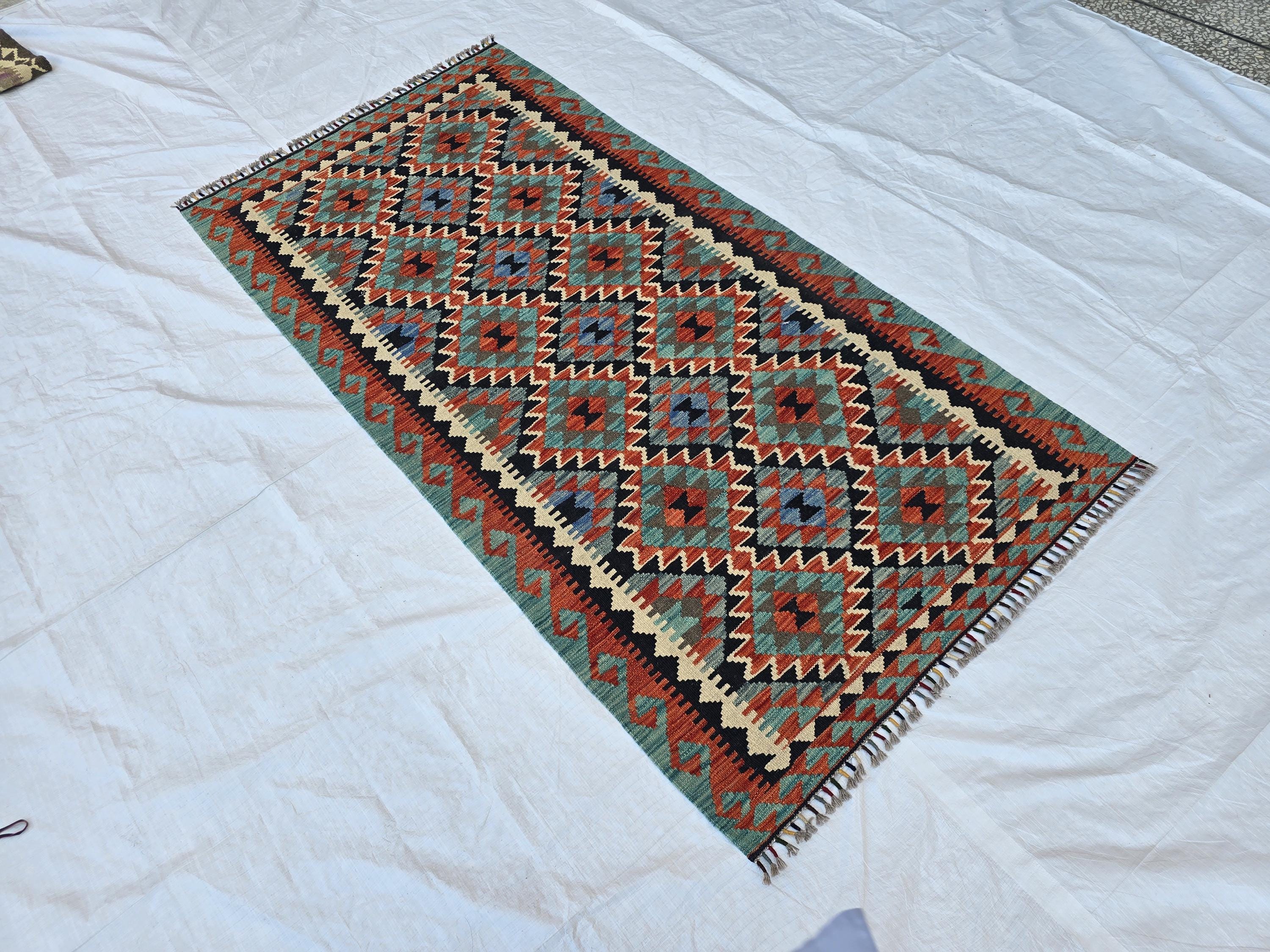 3x7 Multicolor Afghan Kilim Rug, Turkmen Flatweave Oriental Wool Floor Rug, Boho Home Decor, Hallway Rug, Entrance Rug, Kitchen Decor Rug