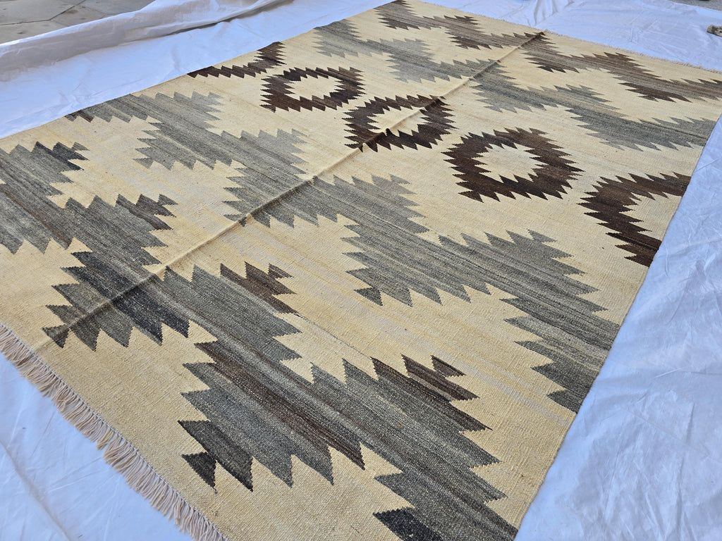 7x10Ft Large Tribal Kilim Rug – Handwoven Geometric Afghan Wool Carpet in Neutral Earth Tones – Boho Area Rug for Living Room or Bedroom