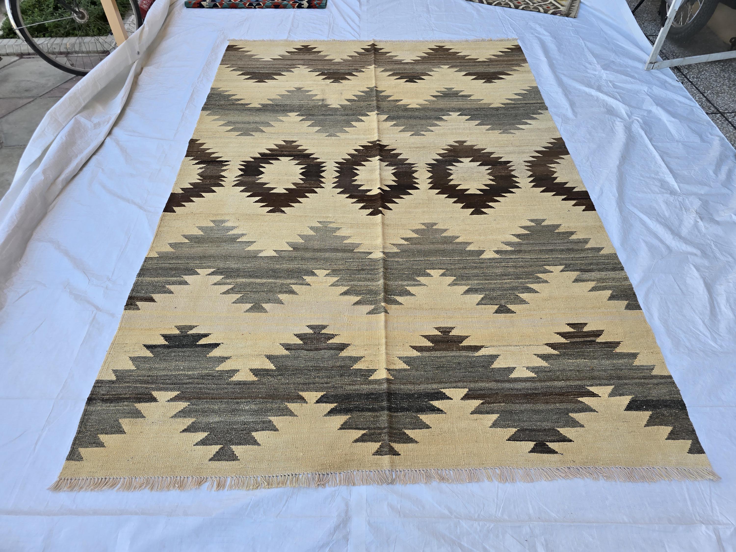 7x10Ft Large Tribal Kilim Rug – Handwoven Geometric Afghan Wool Carpet in Neutral Earth Tones – Boho Area Rug for Living Room or Bedroom