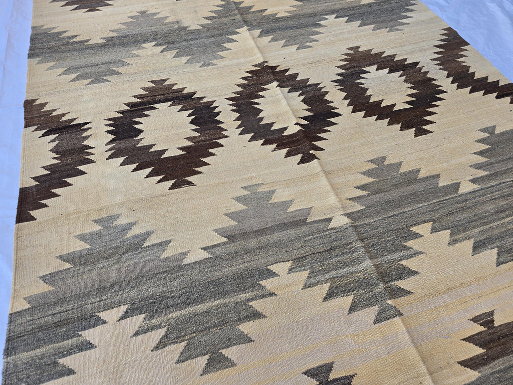 7x10Ft Large Tribal Kilim Rug – Handwoven Geometric Afghan Wool Carpet in Neutral Earth Tones – Boho Area Rug for Living Room or Bedroom