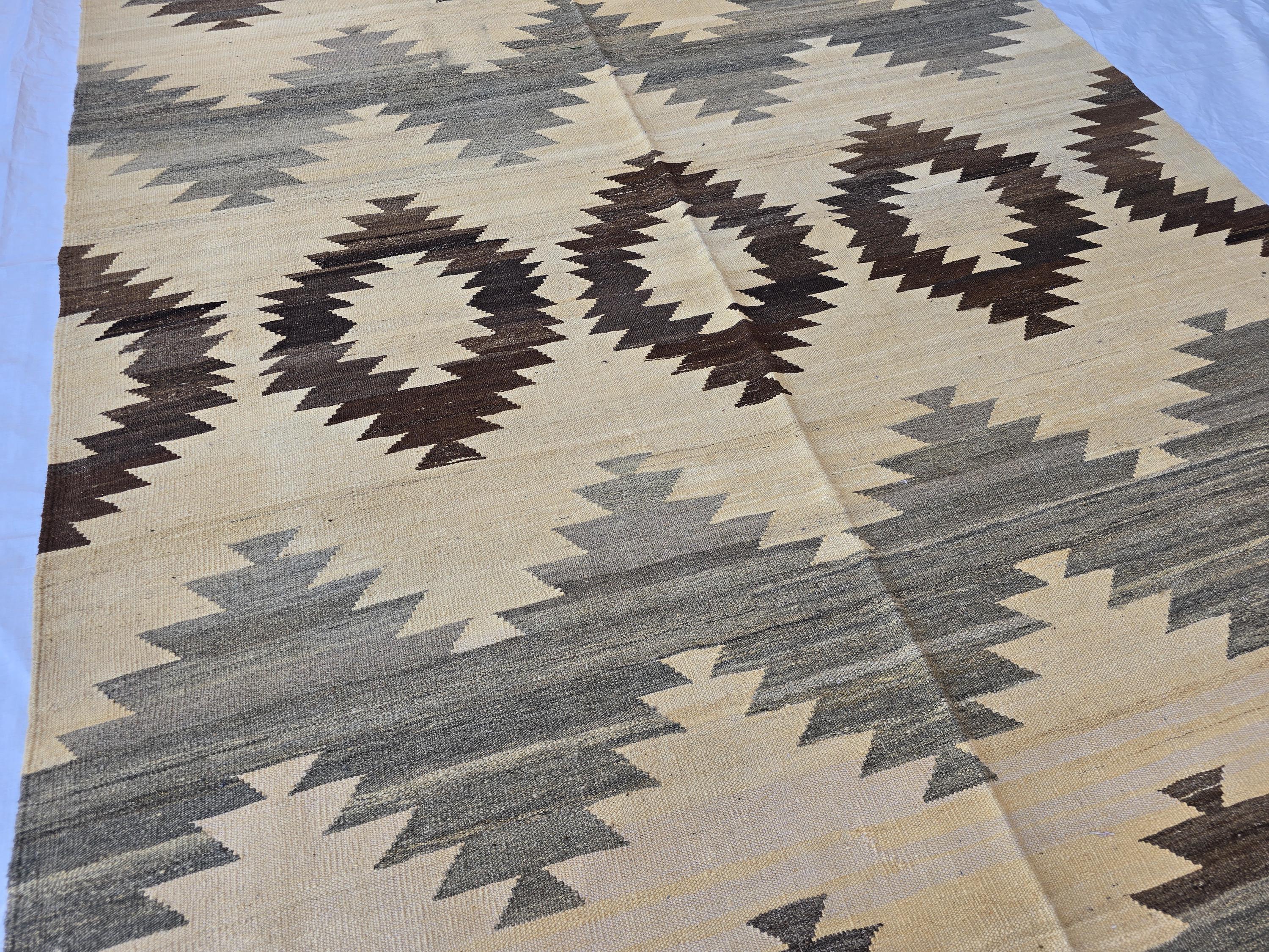 7x10Ft Large Tribal Kilim Rug – Handwoven Geometric Afghan Wool Carpet in Neutral Earth Tones – Boho Area Rug for Living Room or Bedroom