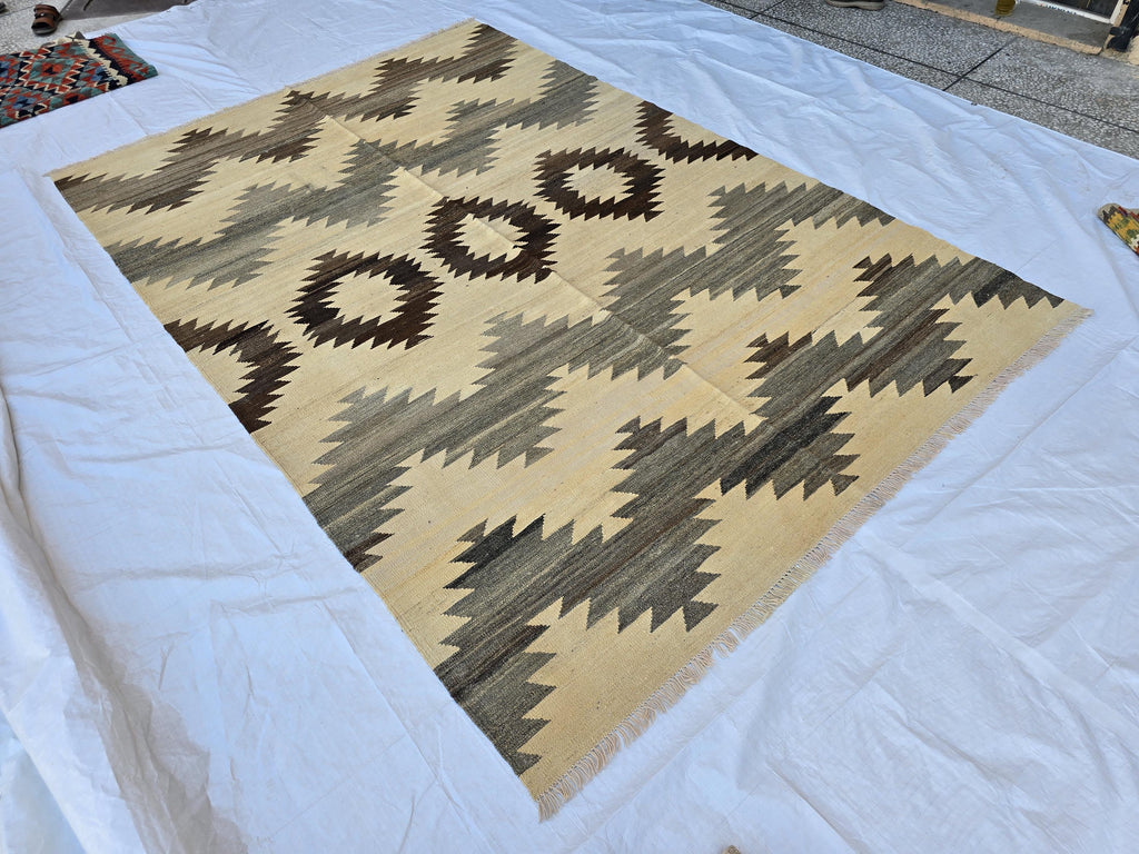 7x10Ft Large Tribal Kilim Rug – Handwoven Geometric Afghan Wool Carpet in Neutral Earth Tones – Boho Area Rug for Living Room or Bedroom