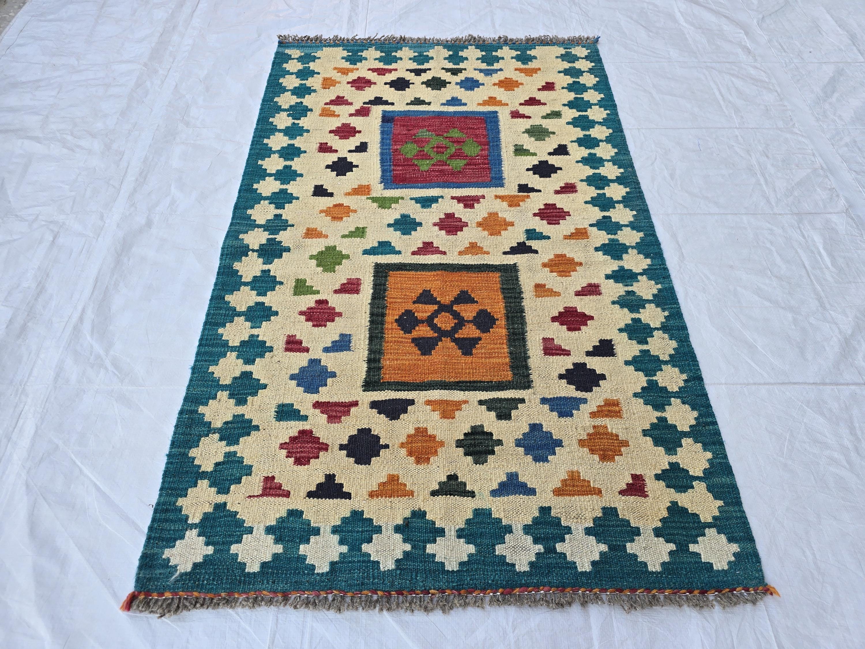 3x4 Afghan Small Geometric Wool Rug, Turkmen Flatweave Kilim Rug, Entryway Rug, Home Decor Rug, Kitchen Rug Small Rug, Office Rug