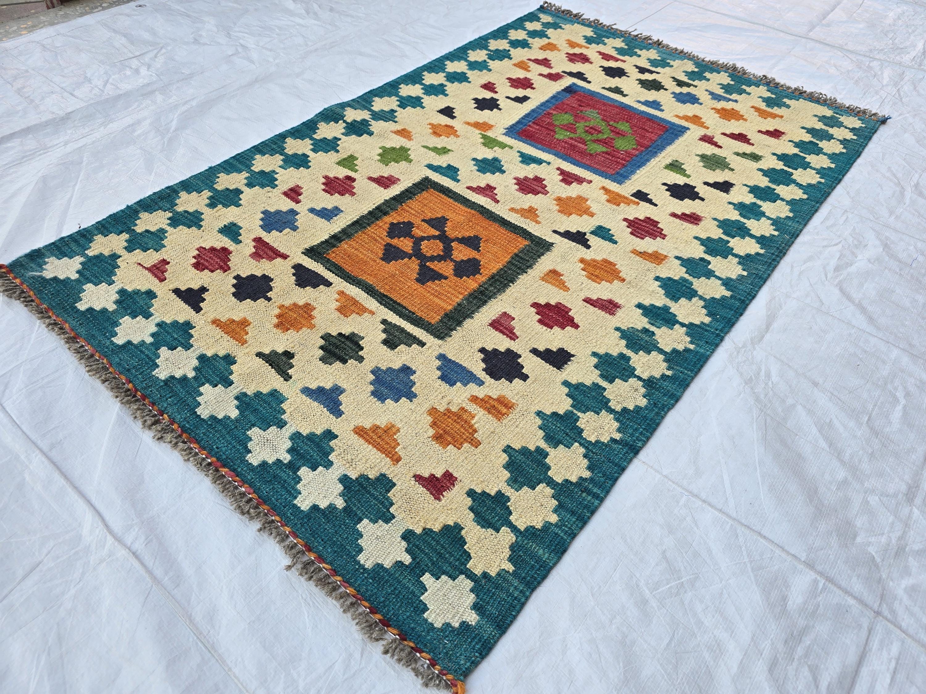 3x4 Afghan Small Geometric Wool Rug, Turkmen Flatweave Kilim Rug, Entryway Rug, Home Decor Rug, Kitchen Rug Small Rug, Office Rug