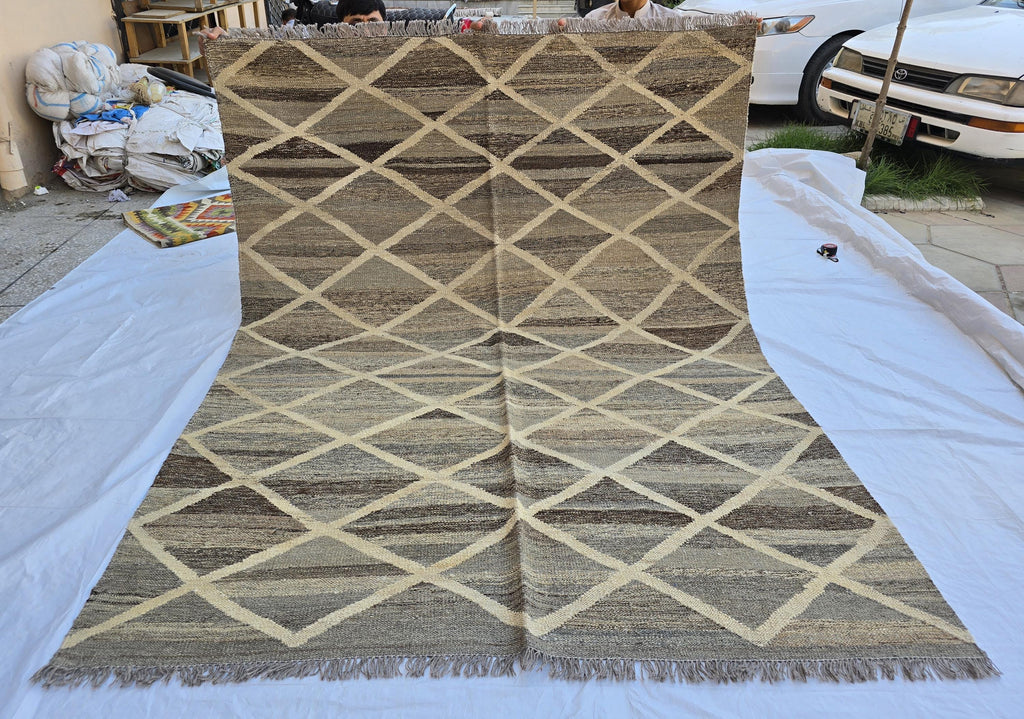 6x8 Handwoven Afghan Kilim Rug – Neutral Wool Flatweave | Geometric Tribal Area Carpet | Modern Boho Decor | Beige Brown Tones, Bedroom Rug