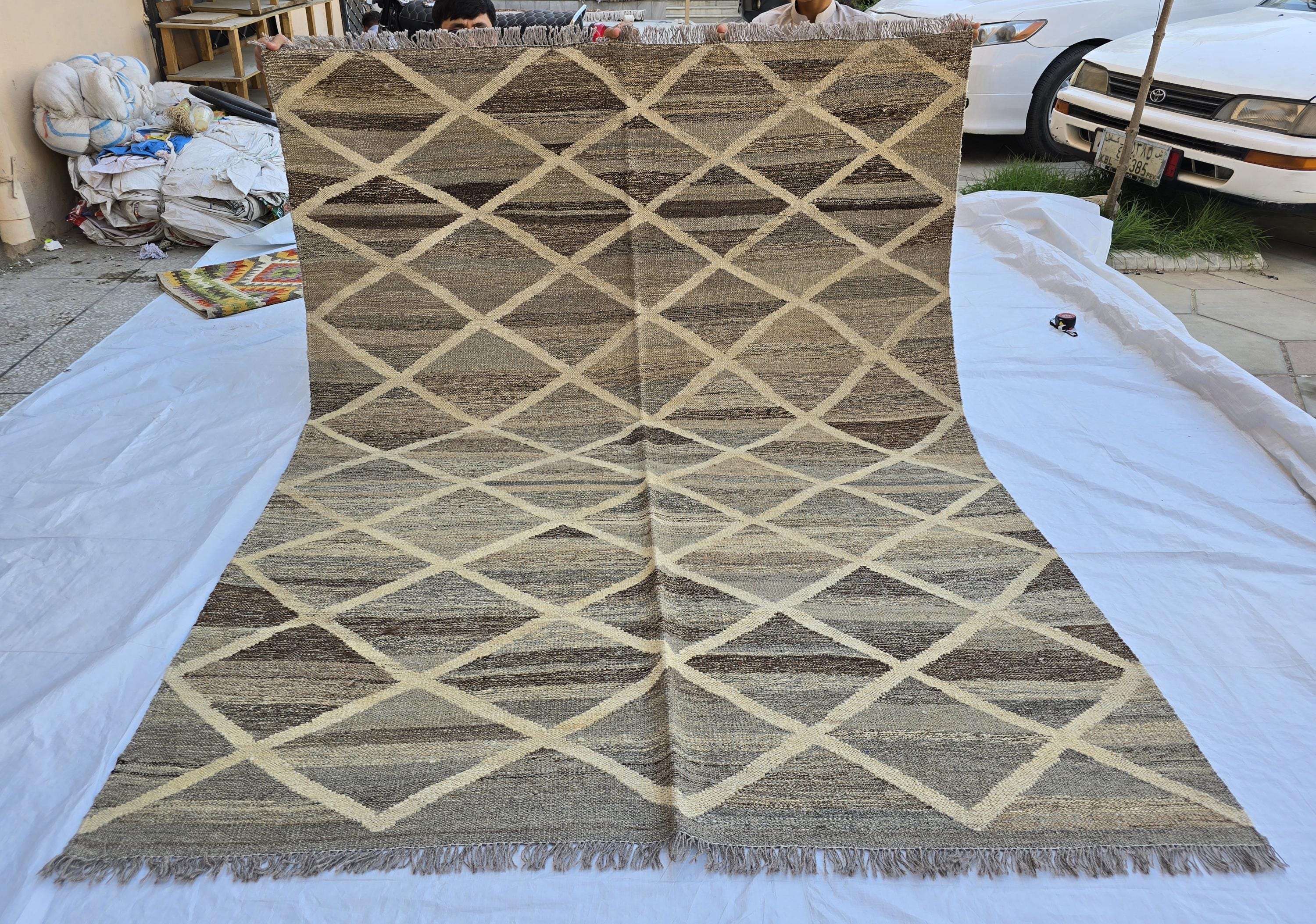 6x8 Handwoven Afghan Kilim Rug – Neutral Wool Flatweave | Geometric Tribal Area Carpet | Modern Boho Decor | Beige Brown Tones, Bedroom Rug