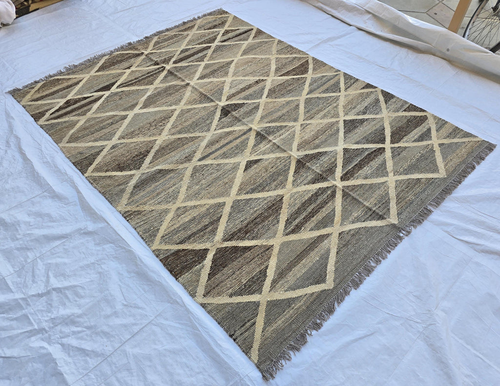 6x8 Handwoven Afghan Kilim Rug – Neutral Wool Flatweave | Geometric Tribal Area Carpet | Modern Boho Decor | Beige Brown Tones, Bedroom Rug