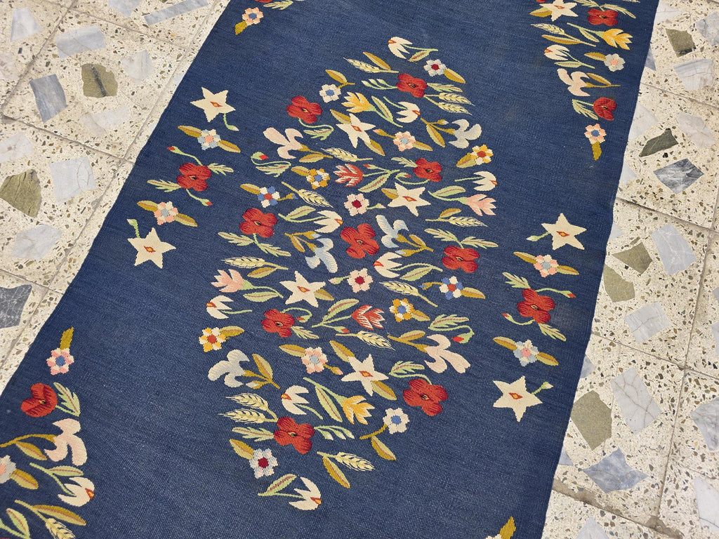 4x6 Suzani Kilim Rug – Navy Blue Tribal Flatweave, Turkmen Boho Wool Runner, Decorative Afghan Textile, Rug for Living Room, Bedroom Rug