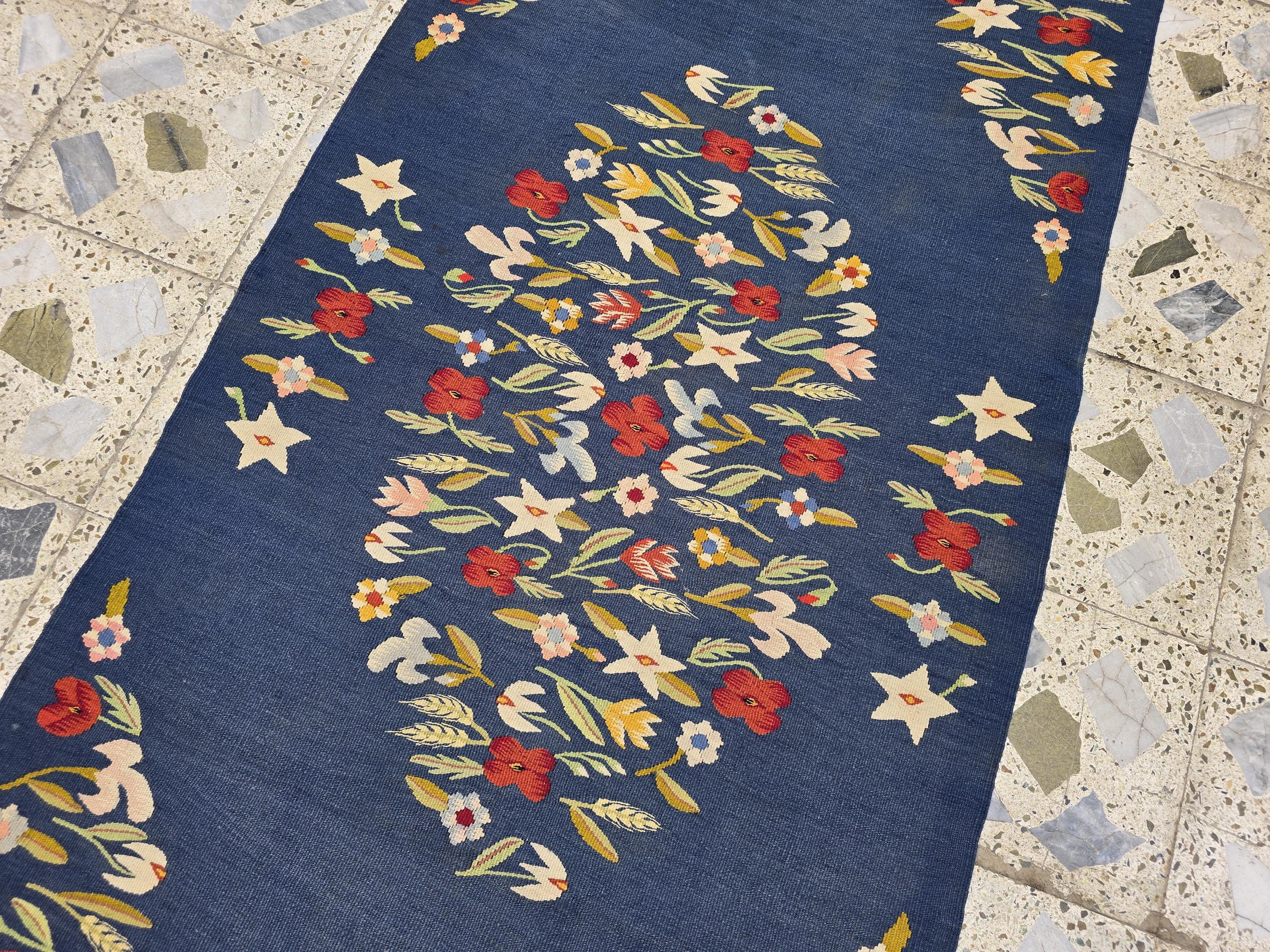 4x6 Suzani Kilim Rug – Navy Blue Tribal Flatweave, Turkmen Boho Wool Runner, Decorative Afghan Textile, Rug for Living Room, Bedroom Rug