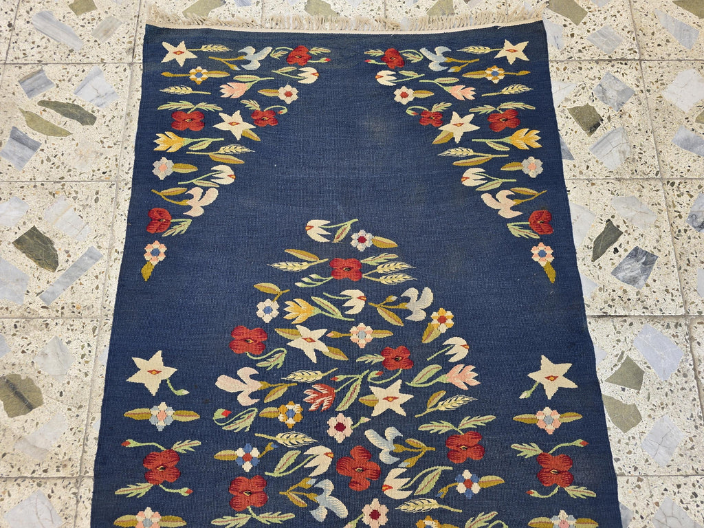 4x6 Suzani Kilim Rug – Navy Blue Tribal Flatweave, Turkmen Boho Wool Runner, Decorative Afghan Textile, Rug for Living Room, Bedroom Rug