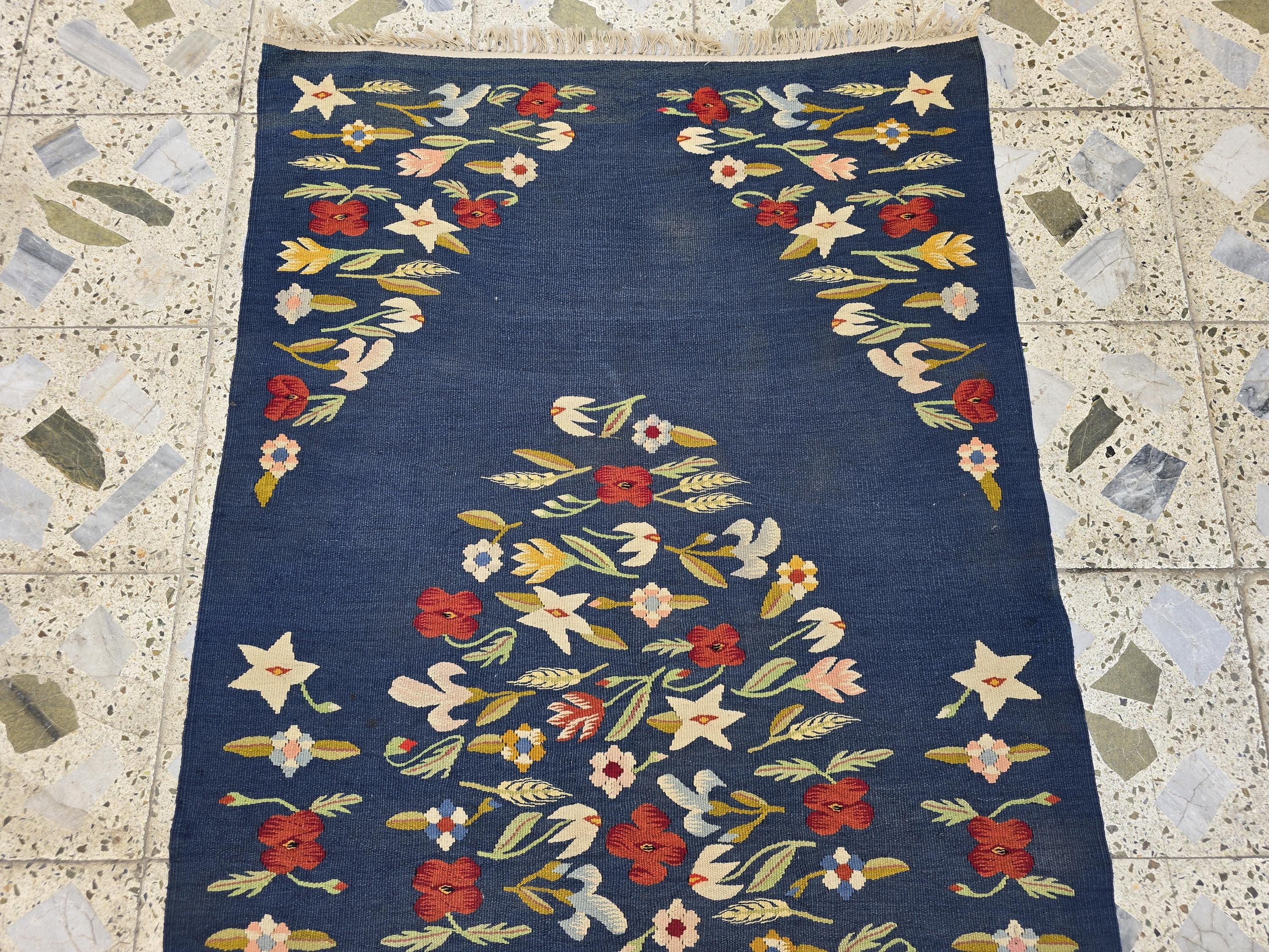 4x6 Suzani Kilim Rug – Navy Blue Tribal Flatweave, Turkmen Boho Wool Runner, Decorative Afghan Textile, Rug for Living Room, Bedroom Rug