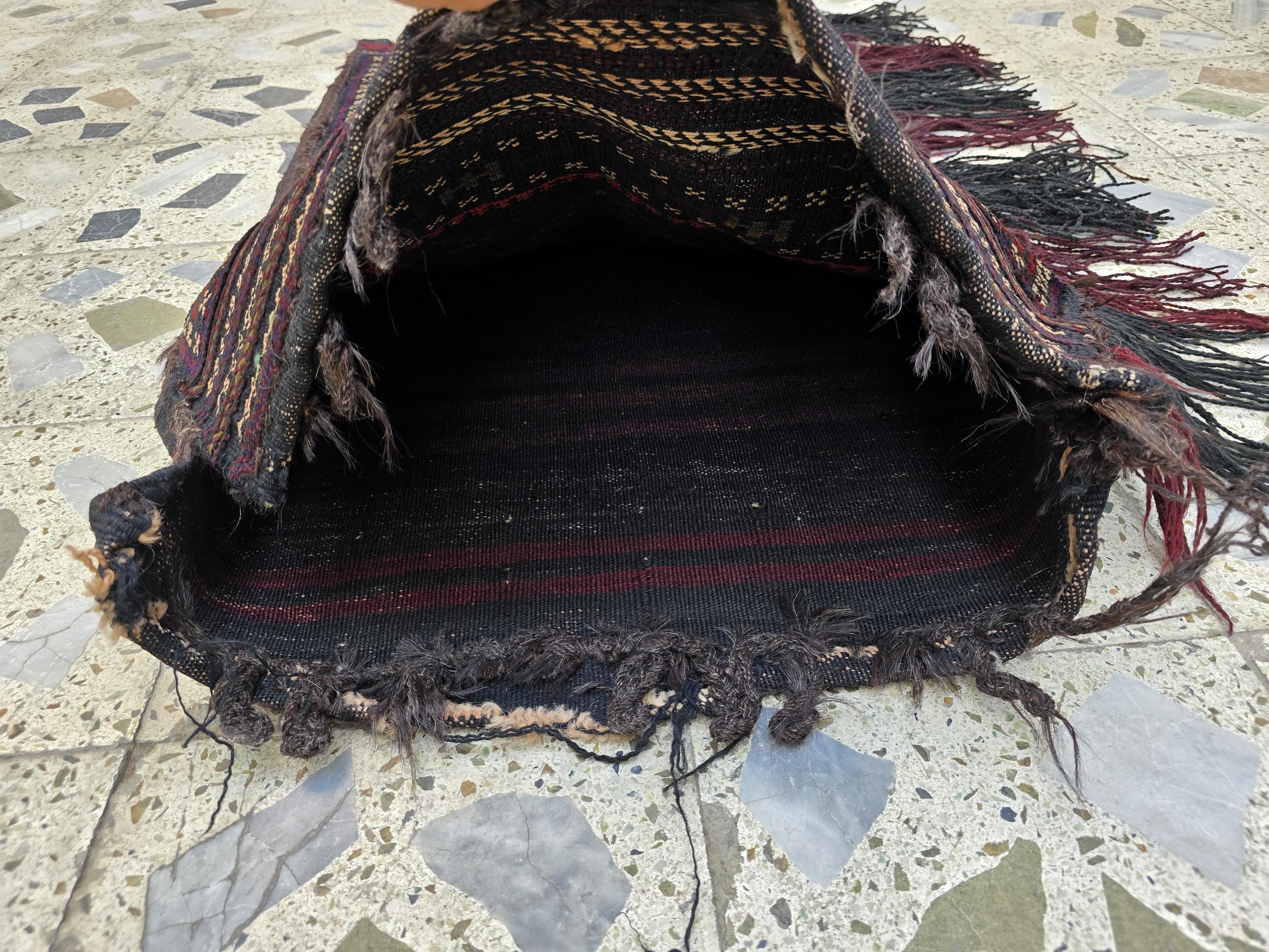 Vintage Handwoven Cushion, Turkmen Wool Antique, Collectible Item From 1960s, 3x1.8ft,