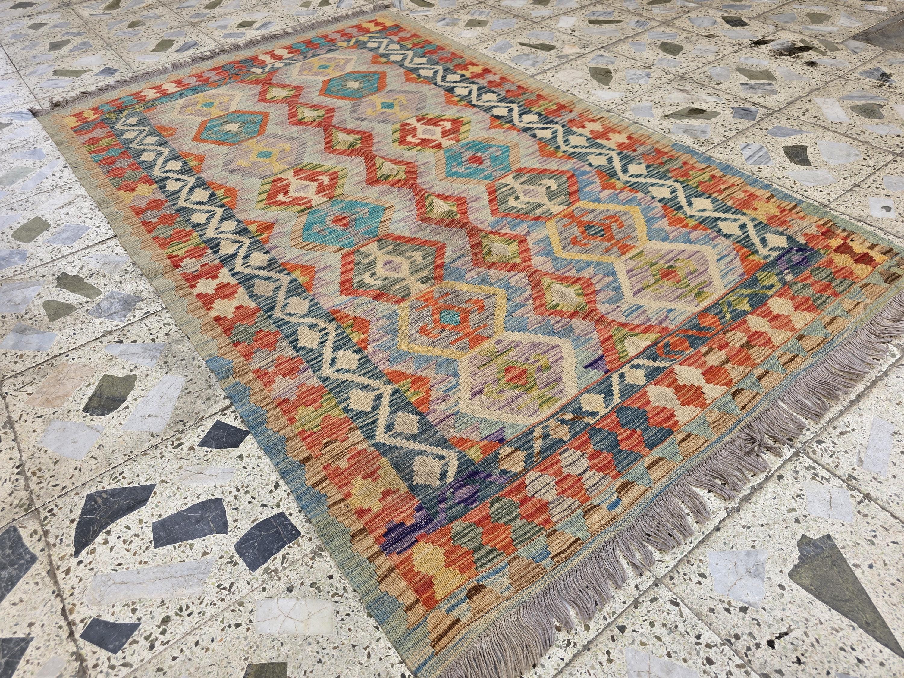 4x6 Flatweave Chobi Kilim Rug, Afghan Turkmen Wool Geometric Rug, Accent Size Rug, Entryway Rug, Hallway Lightweight Rug 192x120 cm