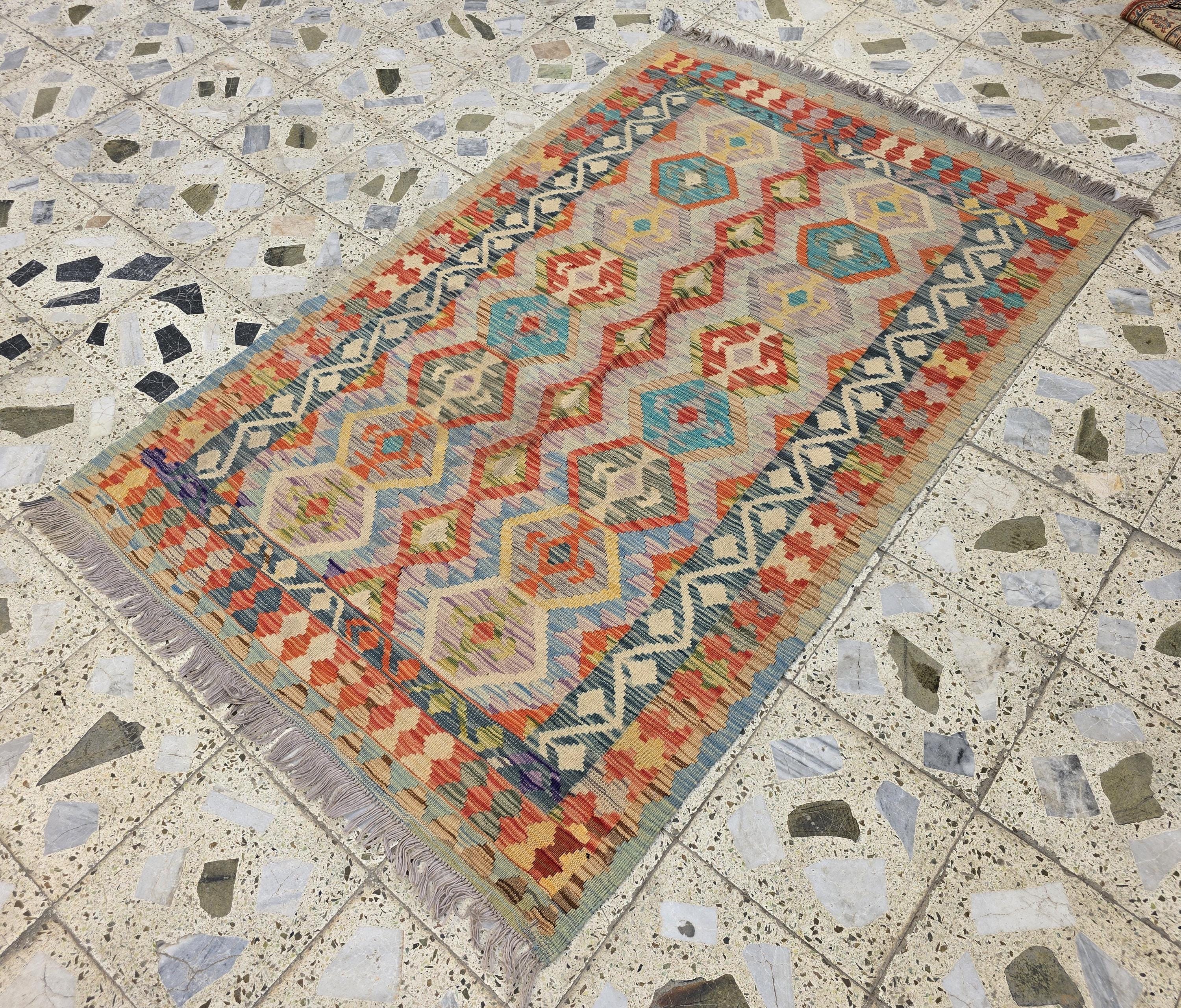 4x6 Flatweave Chobi Kilim Rug, Afghan Turkmen Wool Geometric Rug, Accent Size Rug, Entryway Rug, Hallway Lightweight Rug 192x120 cm