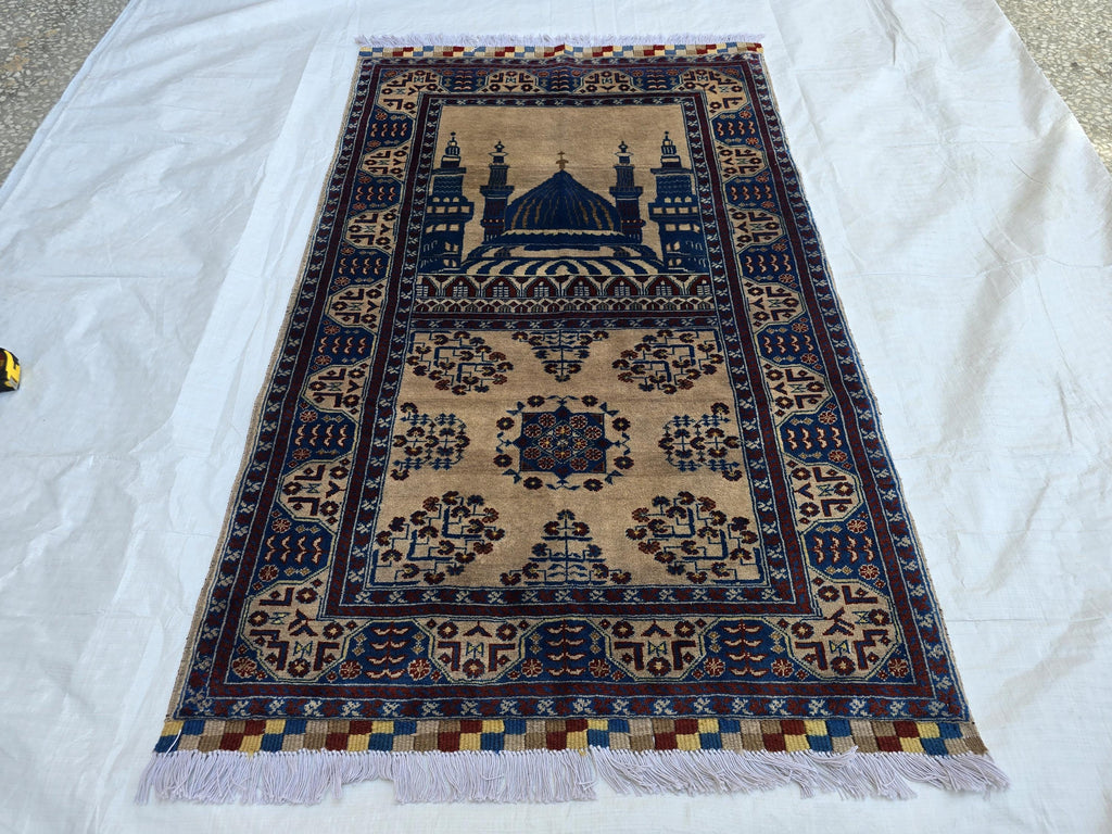 3x4 Afghan Handwoven Prayer Mat Jai Namaz, Turkmen Wool Geometric Rug, Soft Pile Beljik Jai Namaz