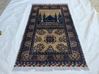 3x4 Afghan Handwoven Prayer Mat Jai Namaz, Turkmen Wool Geometric Rug, Soft Pile Beljik Jai Namaz