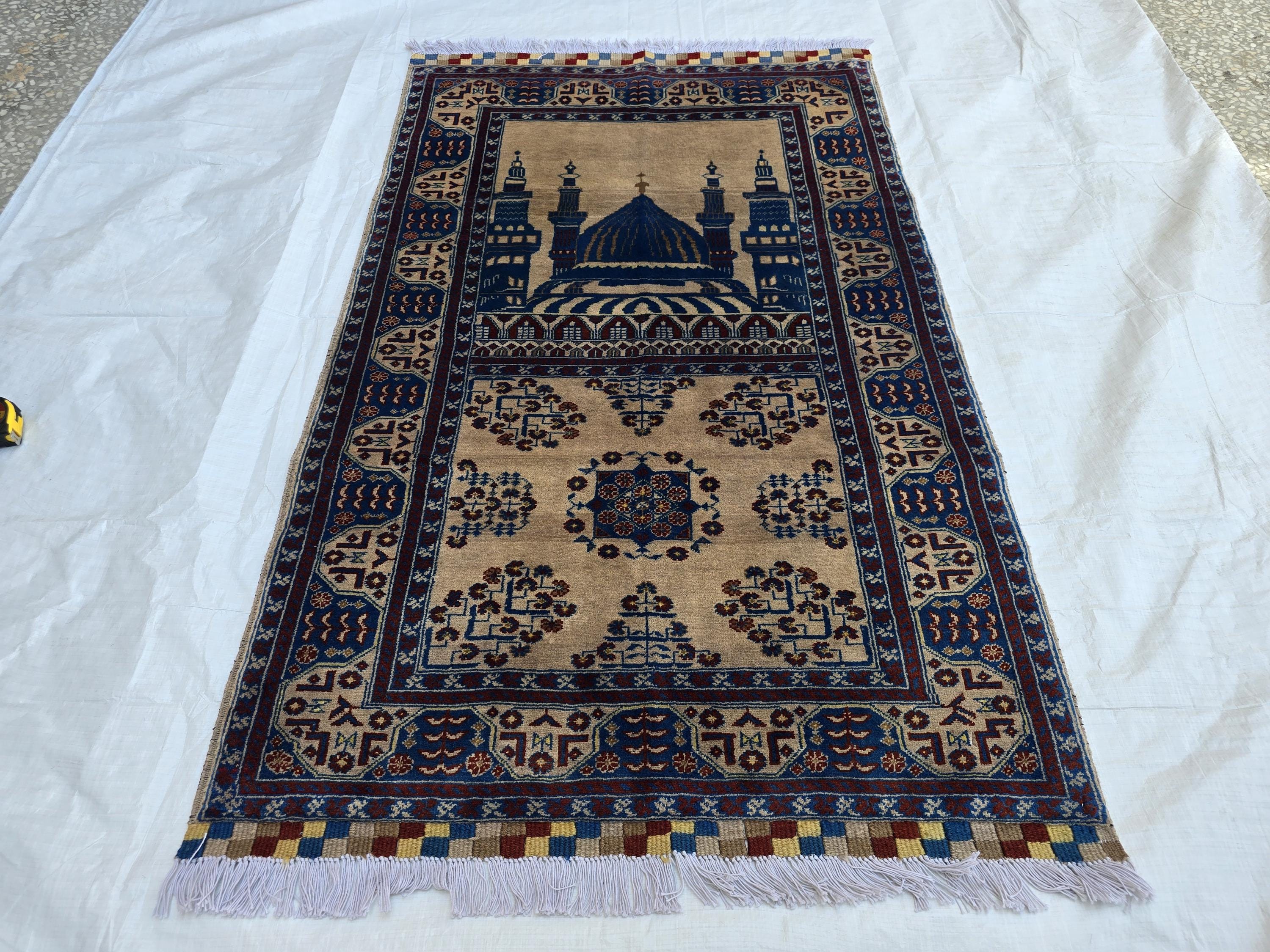 3x4 Afghan Handwoven Prayer Mat Jai Namaz, Turkmen Wool Geometric Rug, Soft Pile Beljik Jai Namaz