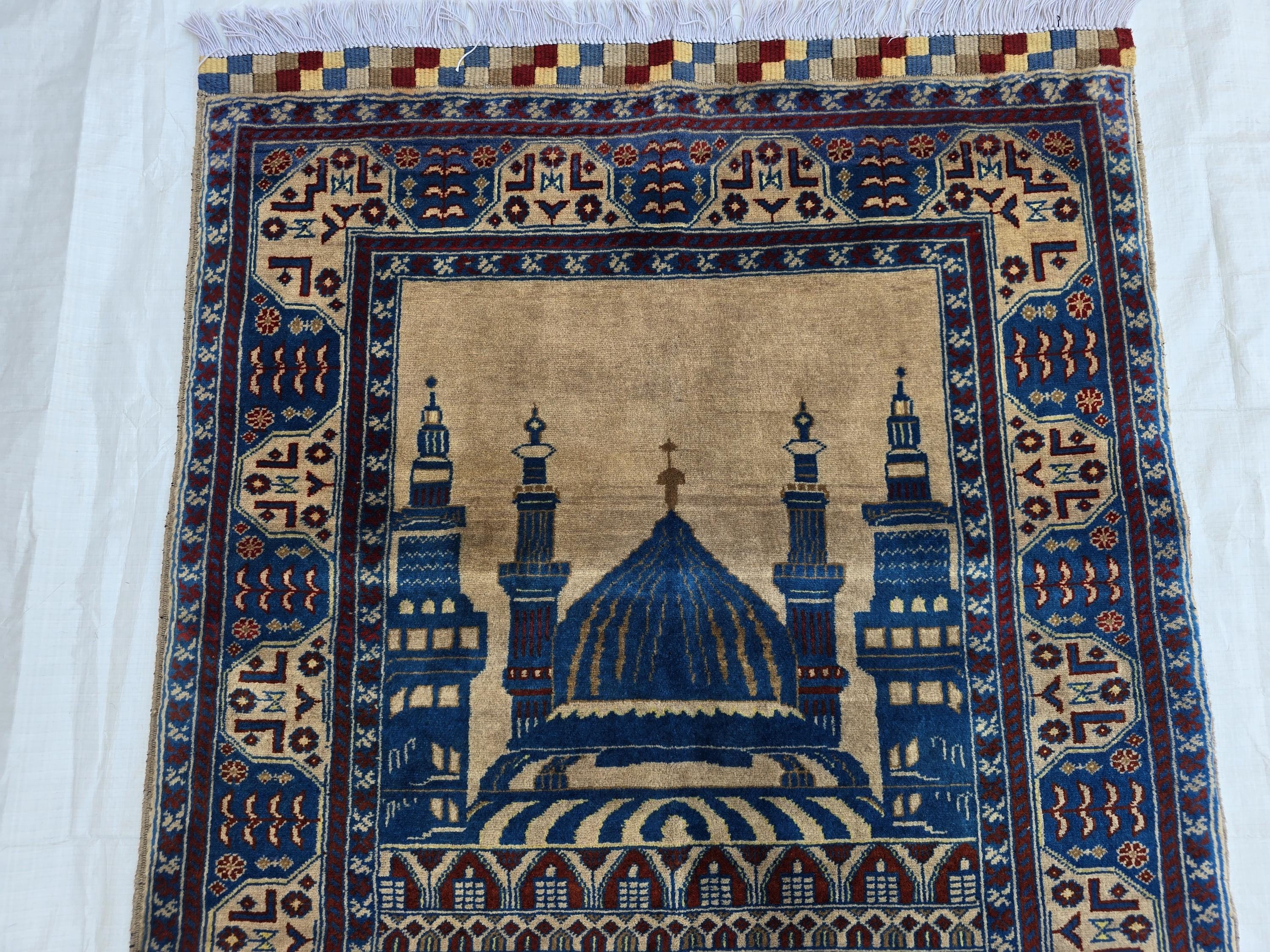 3x4 Afghan Handwoven Prayer Mat Jai Namaz, Turkmen Wool Geometric Rug, Soft Pile Beljik Jai Namaz