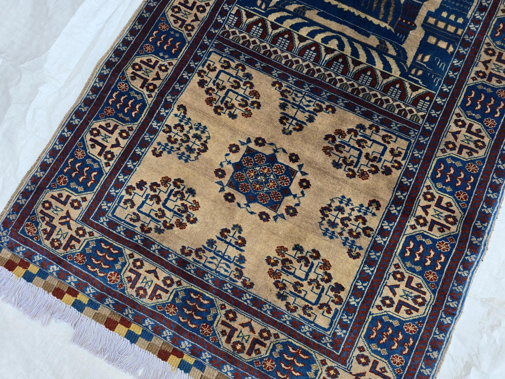 3x4 Afghan Handwoven Prayer Mat Jai Namaz, Turkmen Wool Geometric Rug, Soft Pile Beljik Jai Namaz
