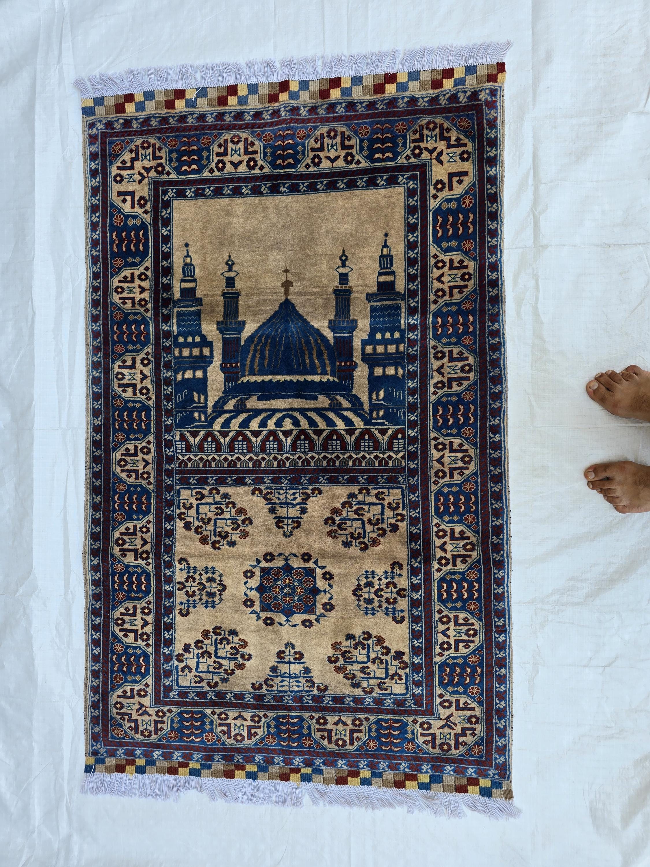 3x4 Afghan Handwoven Prayer Mat Jai Namaz, Turkmen Wool Geometric Rug, Soft Pile Beljik Jai Namaz