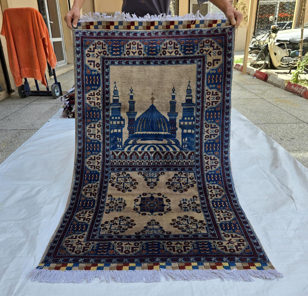 3x4 Afghan Handwoven Prayer Mat Jai Namaz, Turkmen Wool Geometric Rug, Soft Pile Beljik Jai Namaz