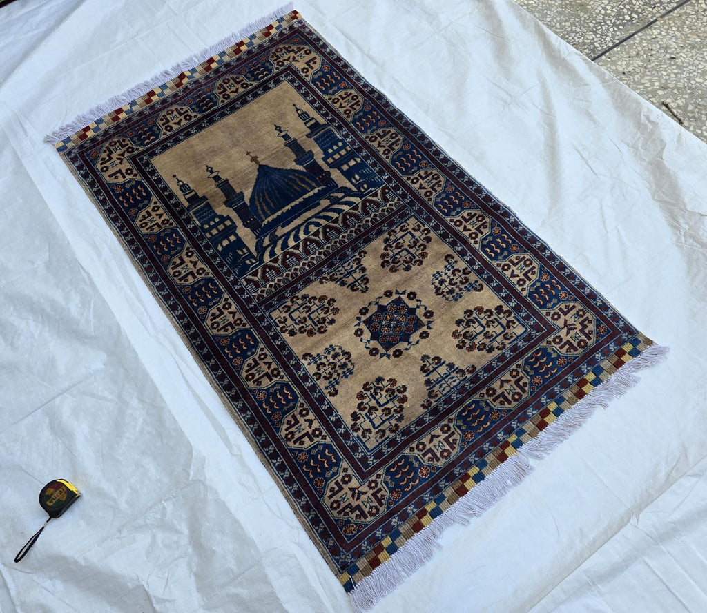 3x4 Afghan Handwoven Prayer Mat Jai Namaz, Turkmen Wool Geometric Rug, Soft Pile Beljik Jai Namaz