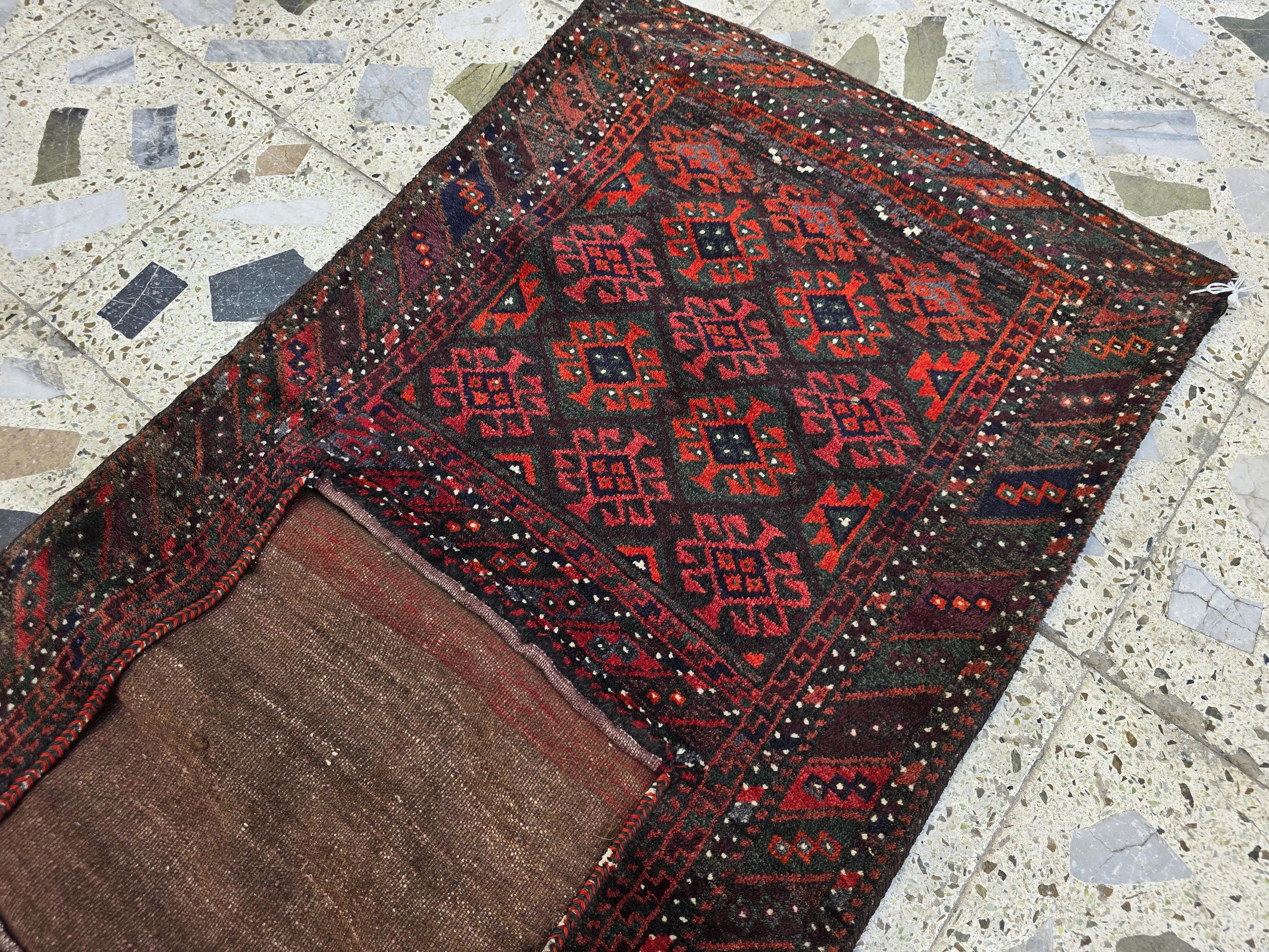 Vintage Afghan Khurjin Saddlebag Rug 5.4x2.1ft – Tribal Handwoven Wool Bagface, Nomadic Baluchi Decor, Wall decor