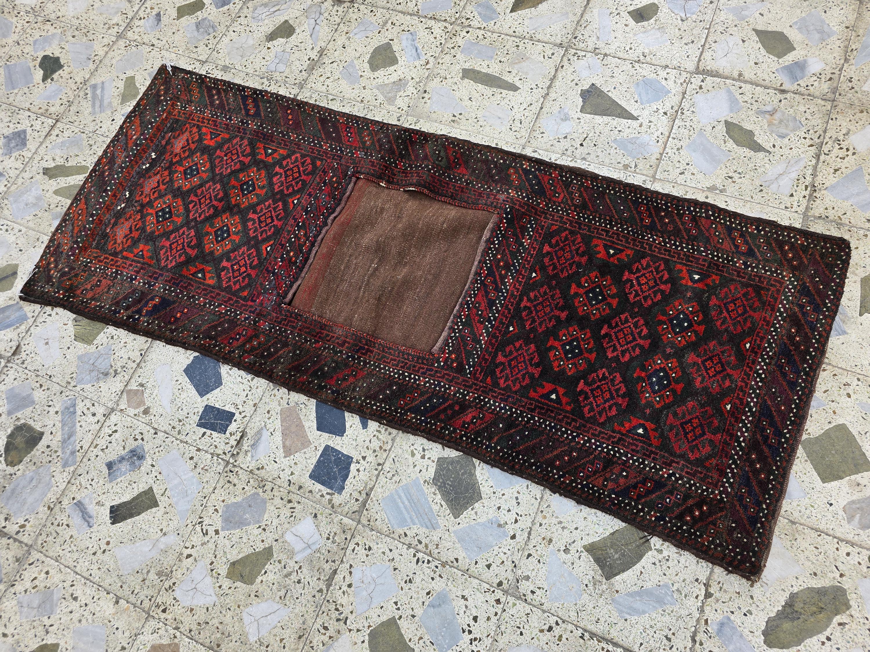 Vintage Afghan Khurjin Saddlebag Rug 5.4x2.1ft – Tribal Handwoven Wool Bagface, Nomadic Baluchi Decor, Wall decor