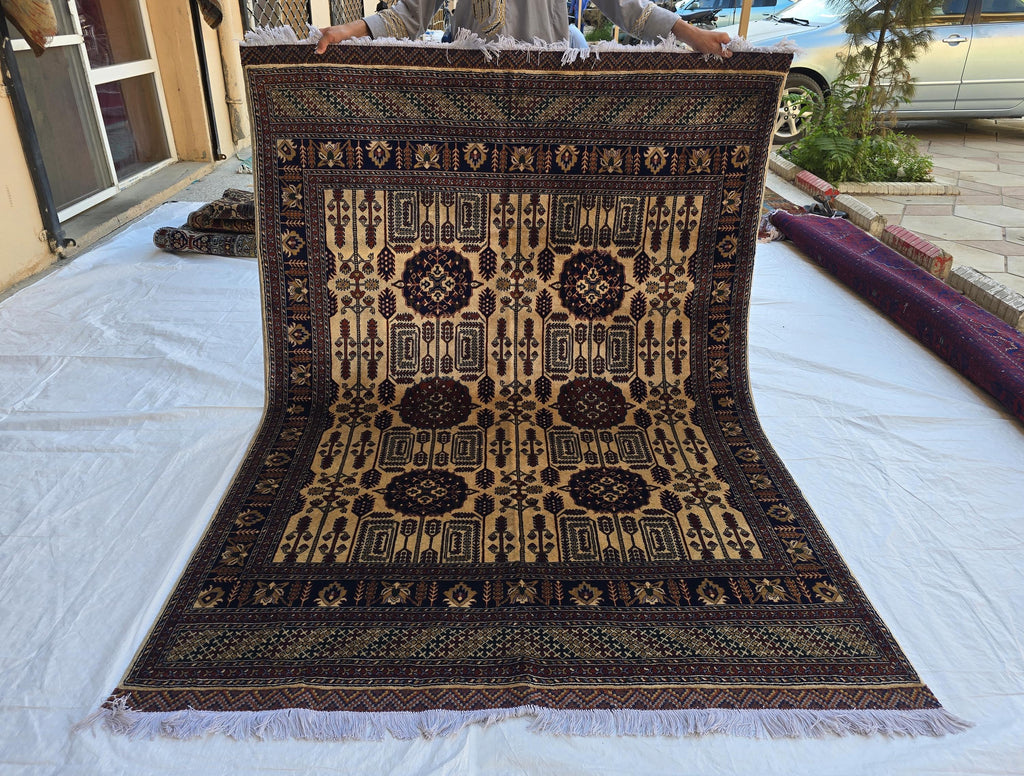 Soft High Pile Handmade 5x7 Oriental Rug – Cream & Brown Tribal Design – Plush Wool Area Carpet – Afghan Decorative Floor Mat, Bedroom Rug