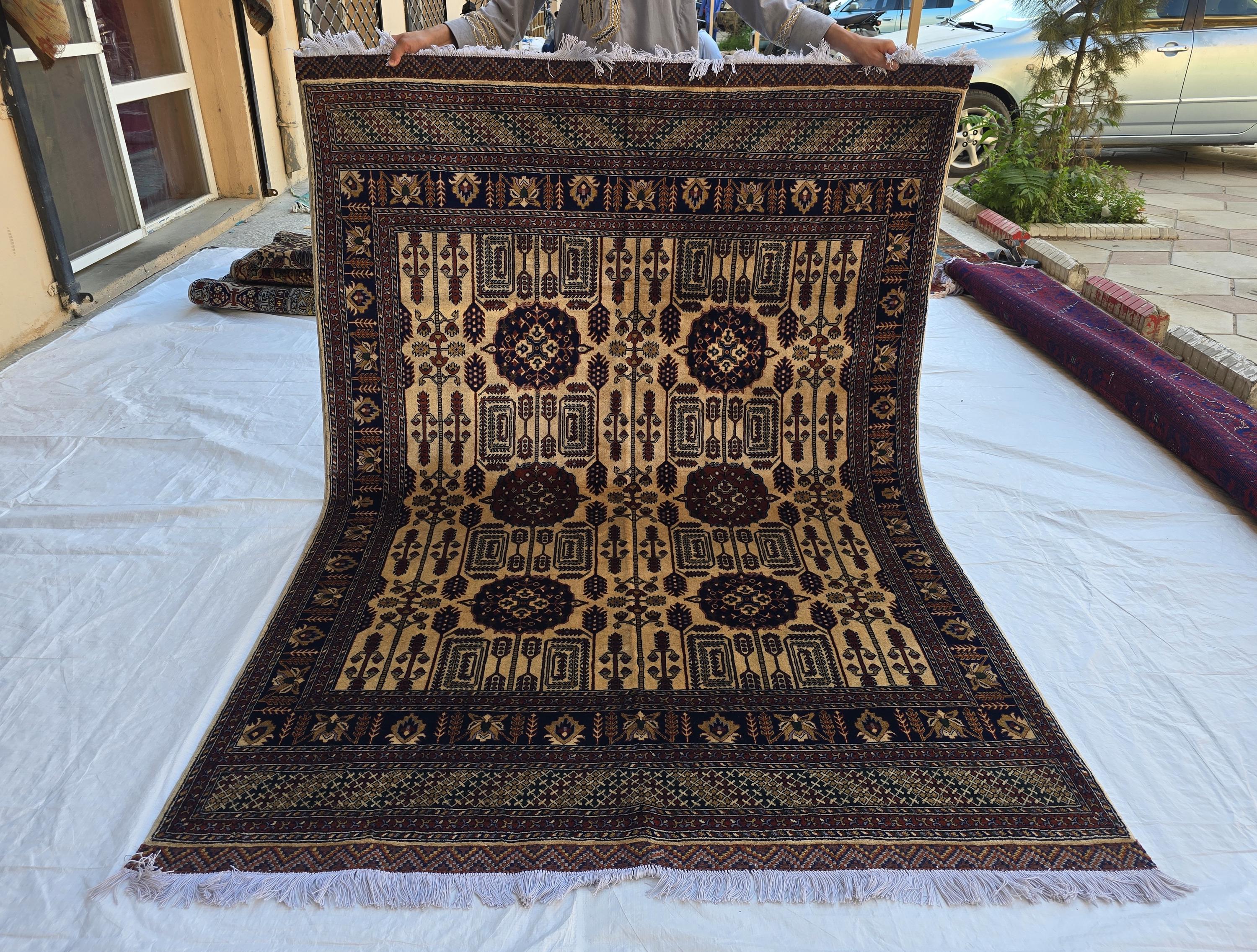 Soft High Pile Handmade 5x7 Oriental Rug – Cream & Brown Tribal Design – Plush Wool Area Carpet – Afghan Decorative Floor Mat, Bedroom Rug