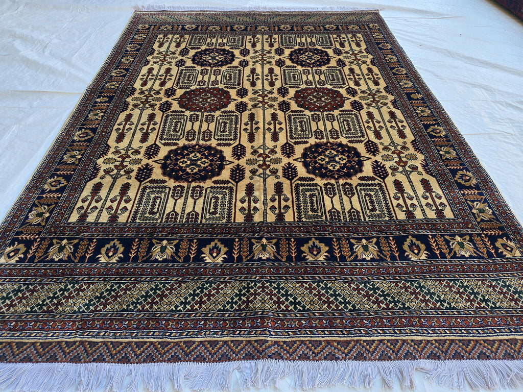 Soft High Pile Handmade 5x7 Oriental Rug – Cream & Brown Tribal Design – Plush Wool Area Carpet – Afghan Decorative Floor Mat, Bedroom Rug