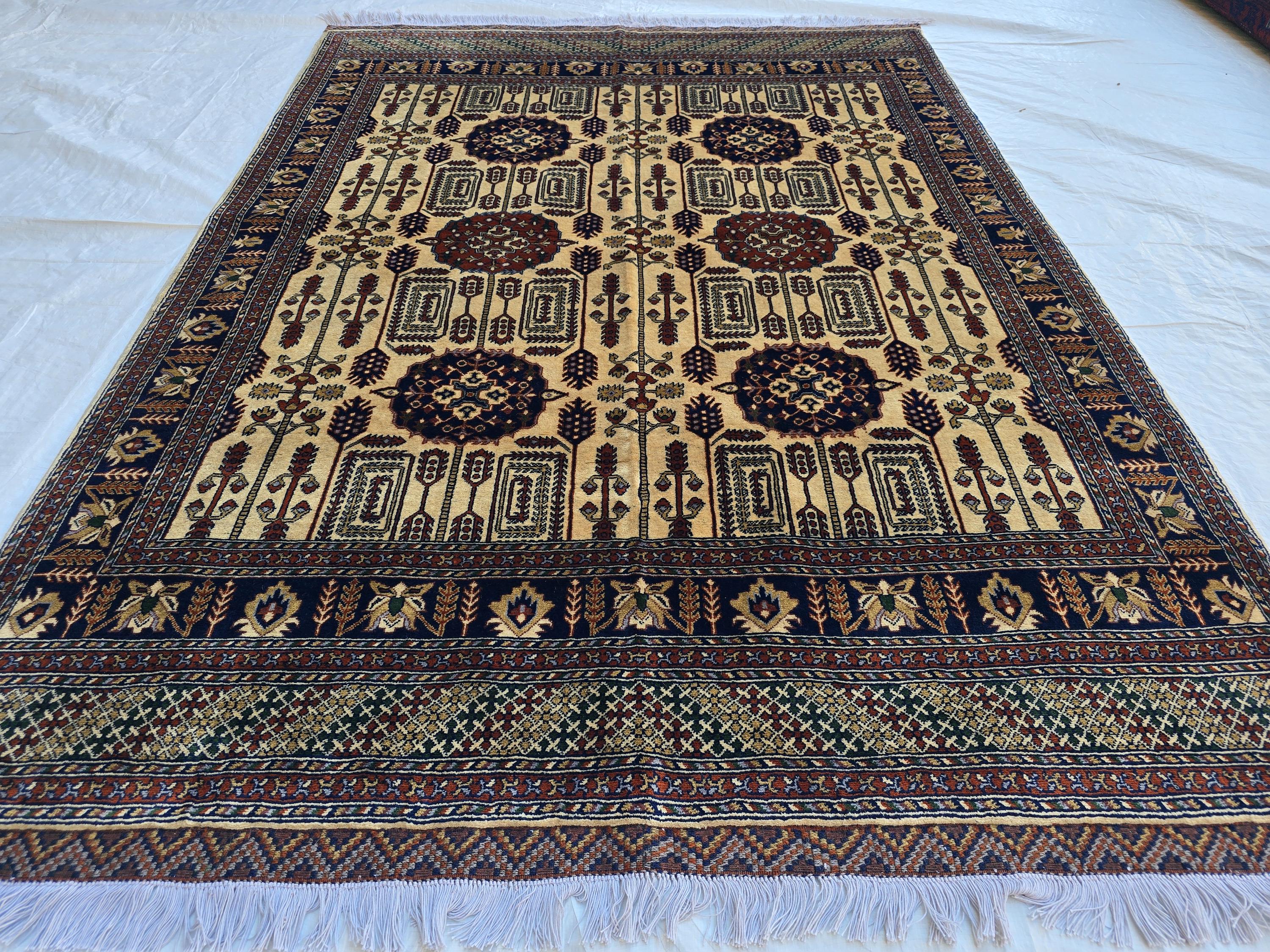 Soft High Pile Handmade 5x7 Oriental Rug – Cream & Brown Tribal Design – Plush Wool Area Carpet – Afghan Decorative Floor Mat, Bedroom Rug