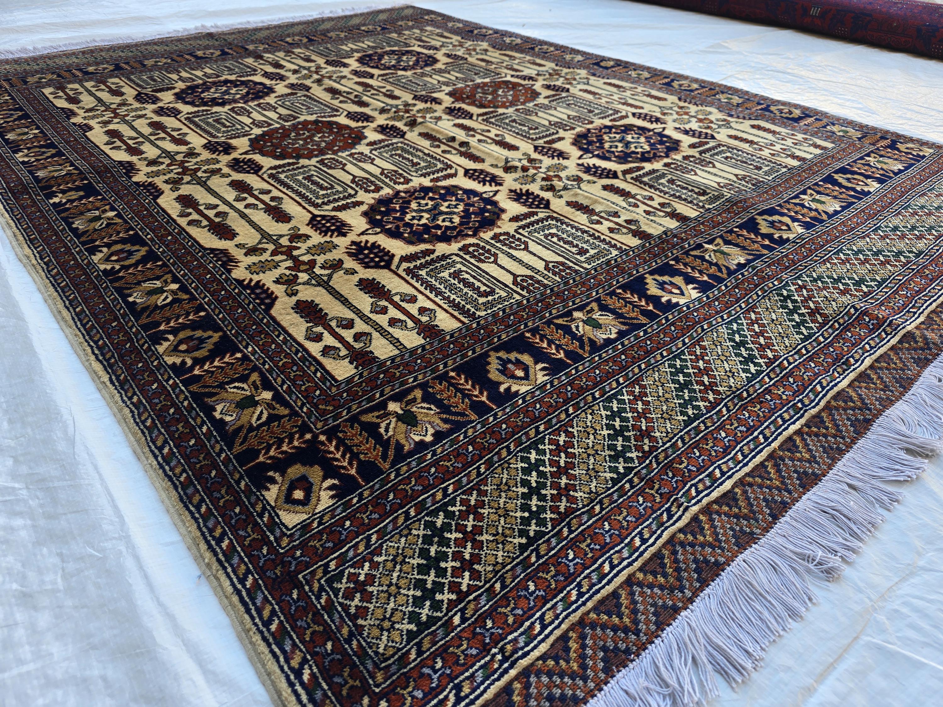 Soft High Pile Handmade 5x7 Oriental Rug – Cream & Brown Tribal Design – Plush Wool Area Carpet – Afghan Decorative Floor Mat, Bedroom Rug