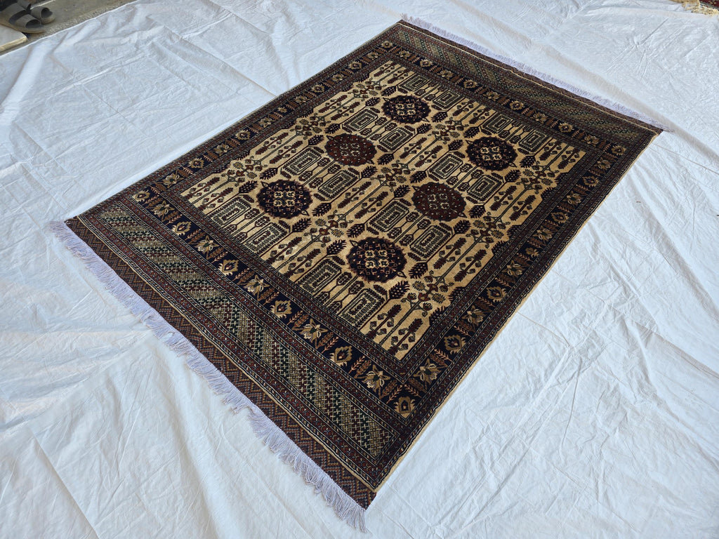 Soft High Pile Handmade 5x7 Oriental Rug – Cream & Brown Tribal Design – Plush Wool Area Carpet – Afghan Decorative Floor Mat, Bedroom Rug