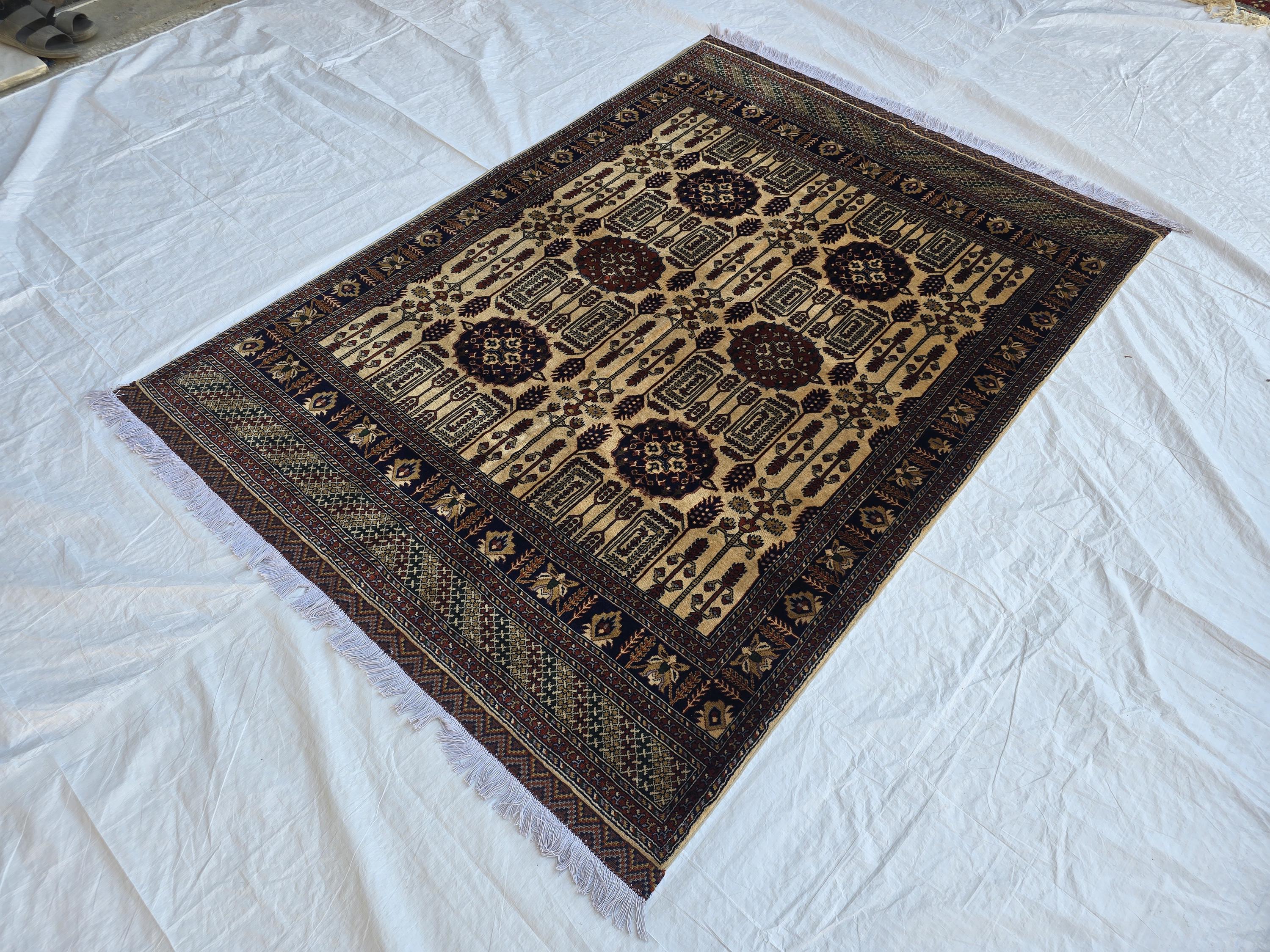 Soft High Pile Handmade 5x7 Oriental Rug – Cream & Brown Tribal Design – Plush Wool Area Carpet – Afghan Decorative Floor Mat, Bedroom Rug