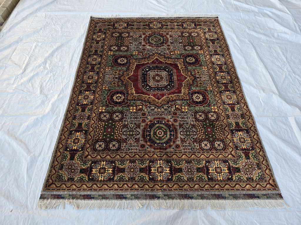 5x7 Handmade Wool Rug – Colorful Geometric Afghan Carpet – Turkmen Red Green Blue Tribal Medallion Design – Thick Pile Oriental Area Rug