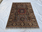 5x7 Handmade Wool Rug – Colorful Geometric Afghan Carpet – Turkmen Red Green Blue Tribal Medallion Design – Thick Pile Oriental Area Rug