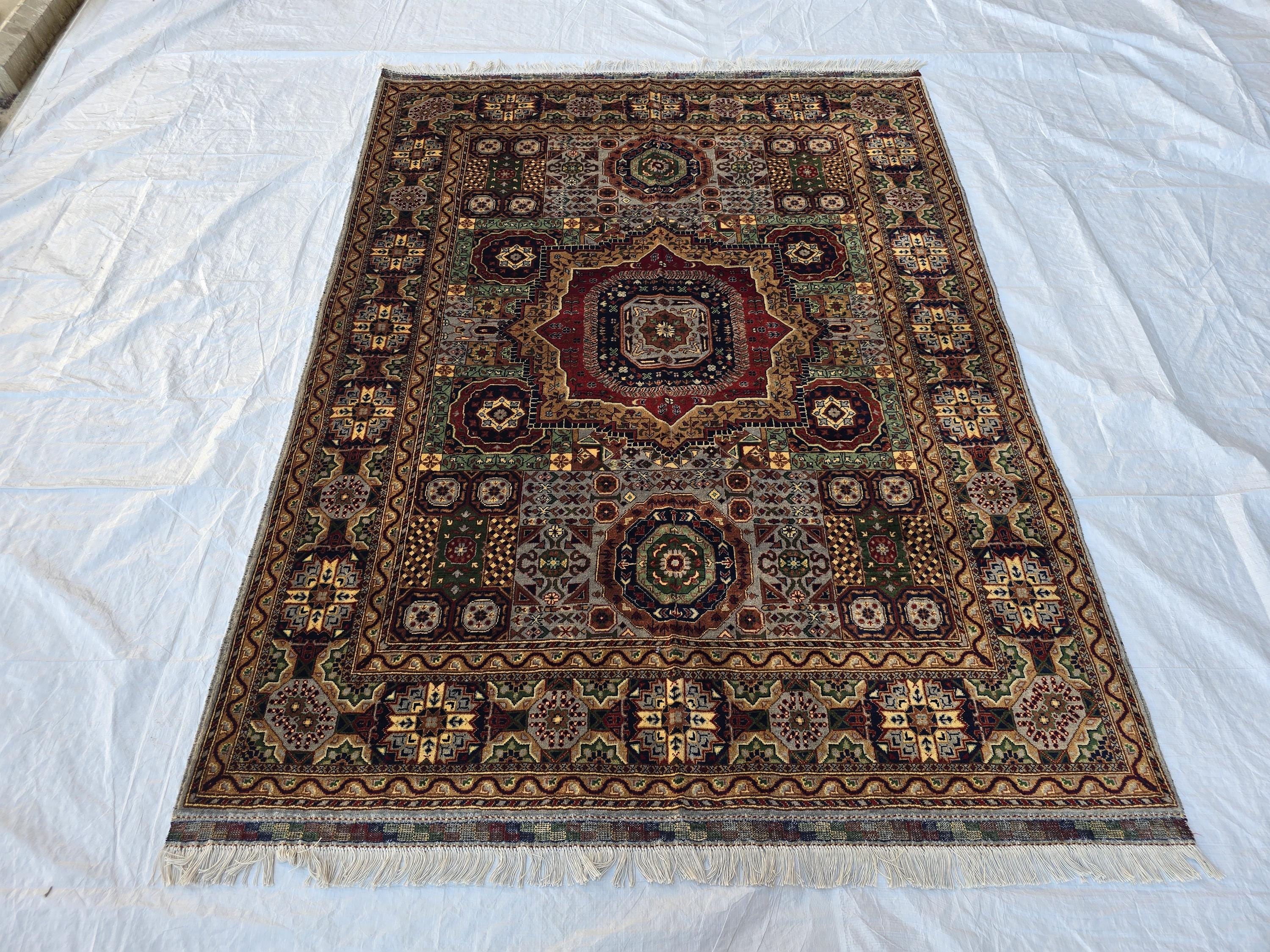 5x7 Handmade Wool Rug – Colorful Geometric Afghan Carpet – Turkmen Red Green Blue Tribal Medallion Design – Thick Pile Oriental Area Rug