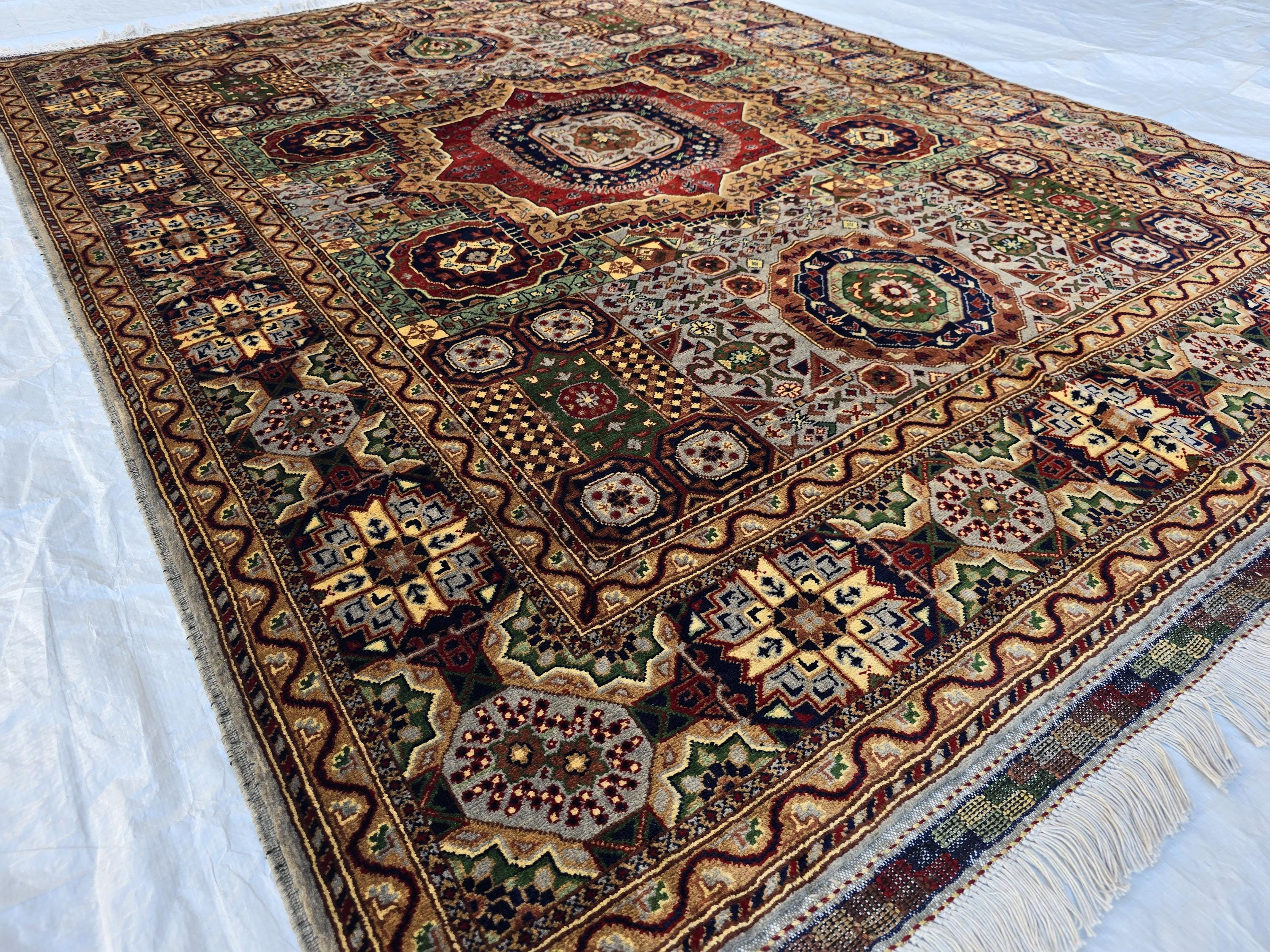 5x7 Handmade Wool Rug – Colorful Geometric Afghan Carpet – Turkmen Red Green Blue Tribal Medallion Design – Thick Pile Oriental Area Rug