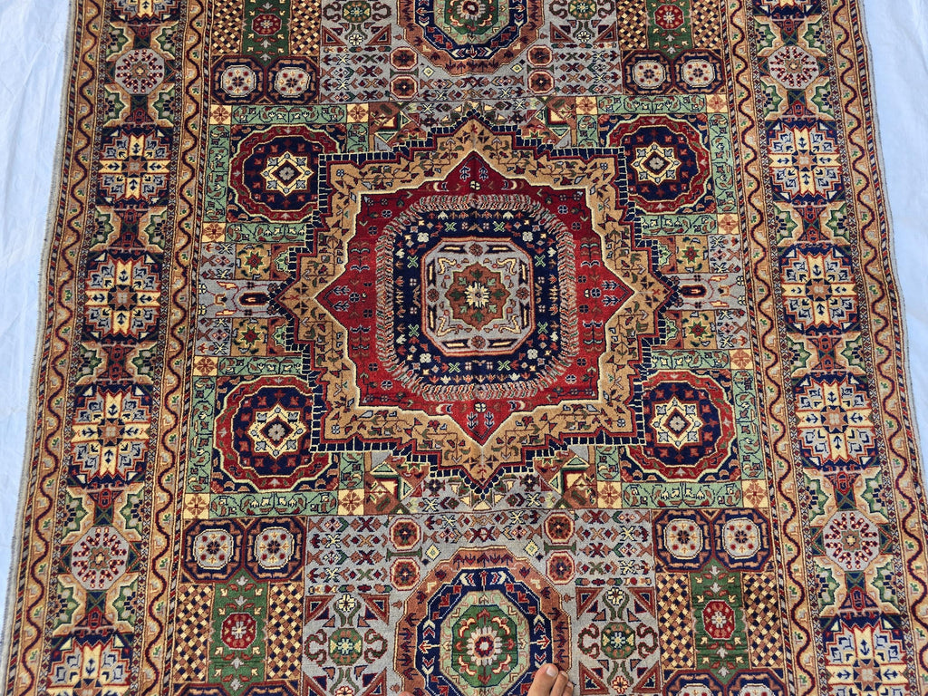 5x7 Handmade Wool Rug – Colorful Geometric Afghan Carpet – Turkmen Red Green Blue Tribal Medallion Design – Thick Pile Oriental Area Rug