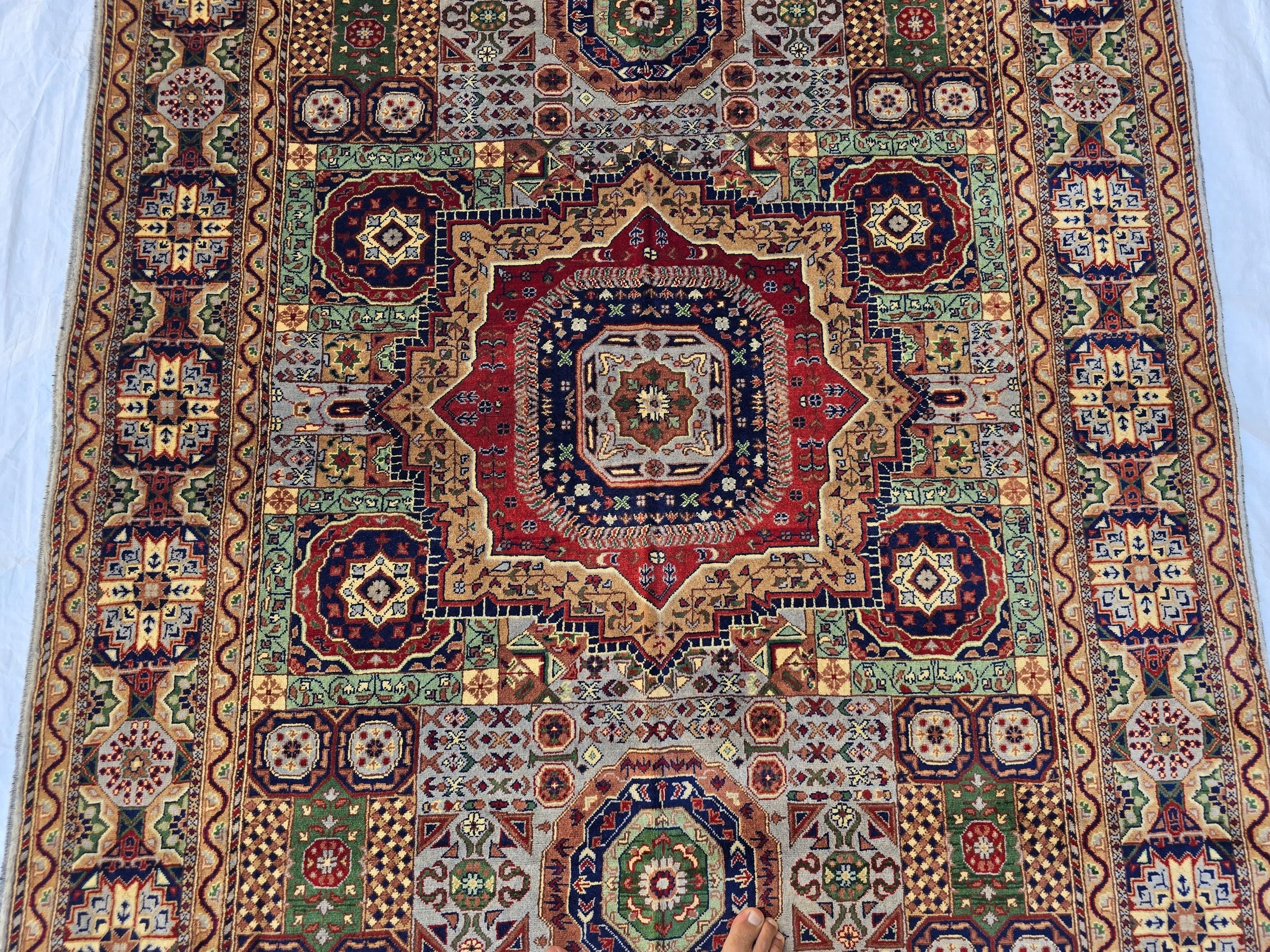5x7 Handmade Wool Rug – Colorful Geometric Afghan Carpet – Turkmen Red Green Blue Tribal Medallion Design – Thick Pile Oriental Area Rug