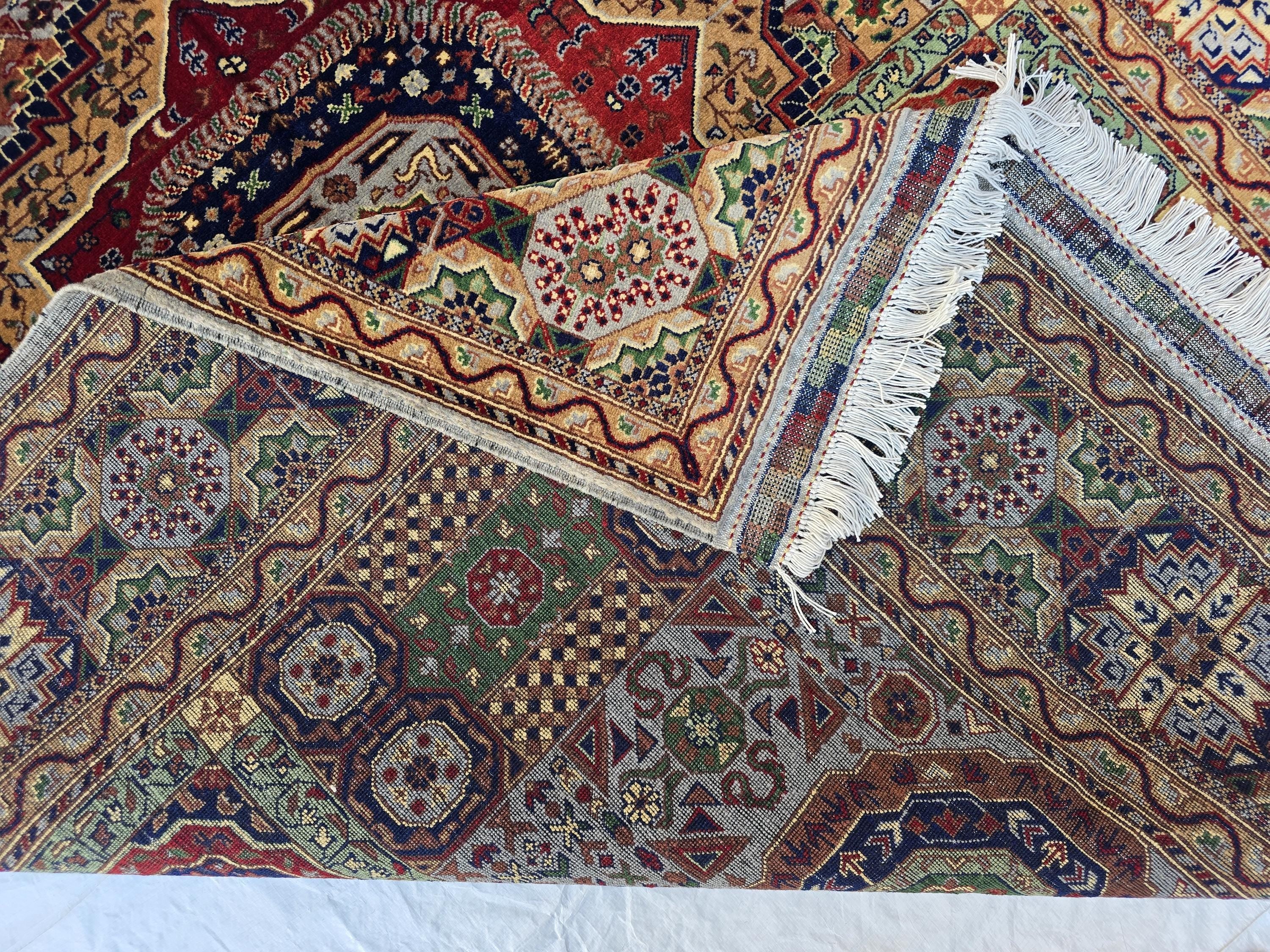 5x7 Handmade Wool Rug – Colorful Geometric Afghan Carpet – Turkmen Red Green Blue Tribal Medallion Design – Thick Pile Oriental Area Rug