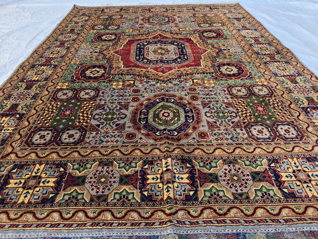 5x7 Handmade Wool Rug – Colorful Geometric Afghan Carpet – Turkmen Red Green Blue Tribal Medallion Design – Thick Pile Oriental Area Rug