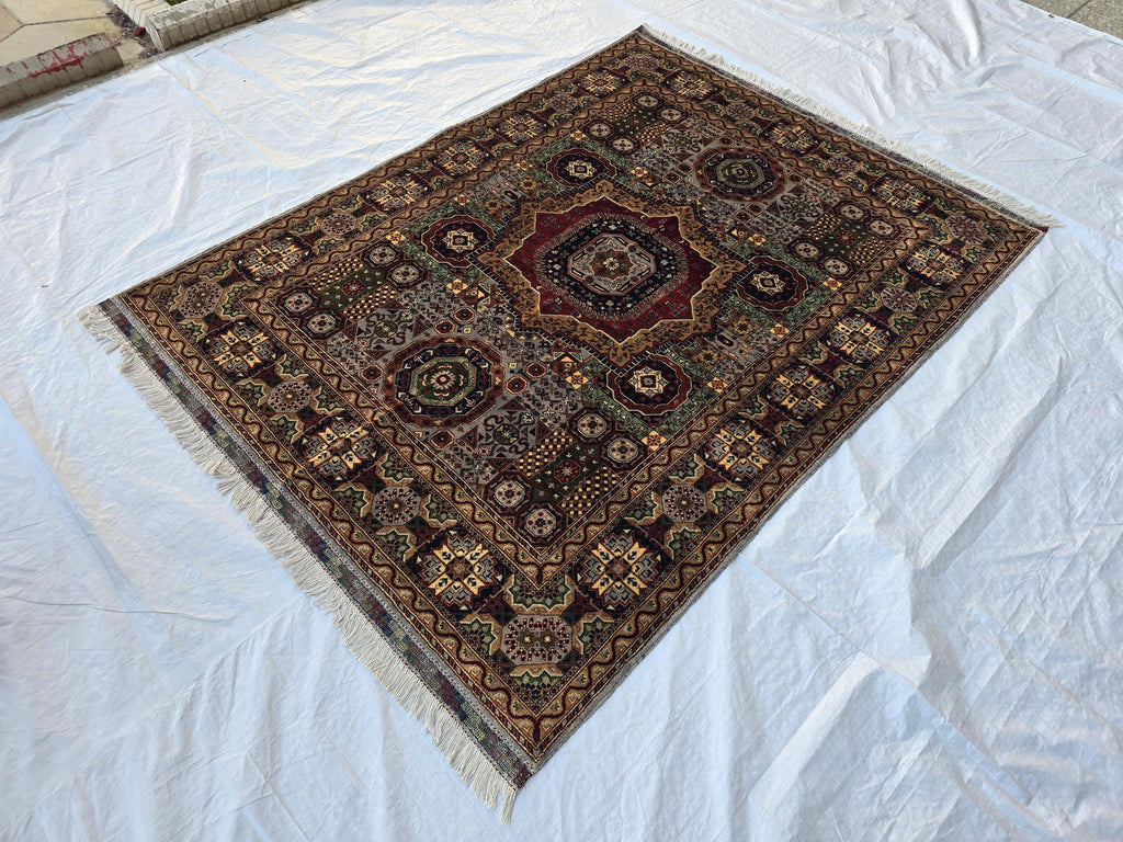 5x7 Handmade Wool Rug – Colorful Geometric Afghan Carpet – Turkmen Red Green Blue Tribal Medallion Design – Thick Pile Oriental Area Rug
