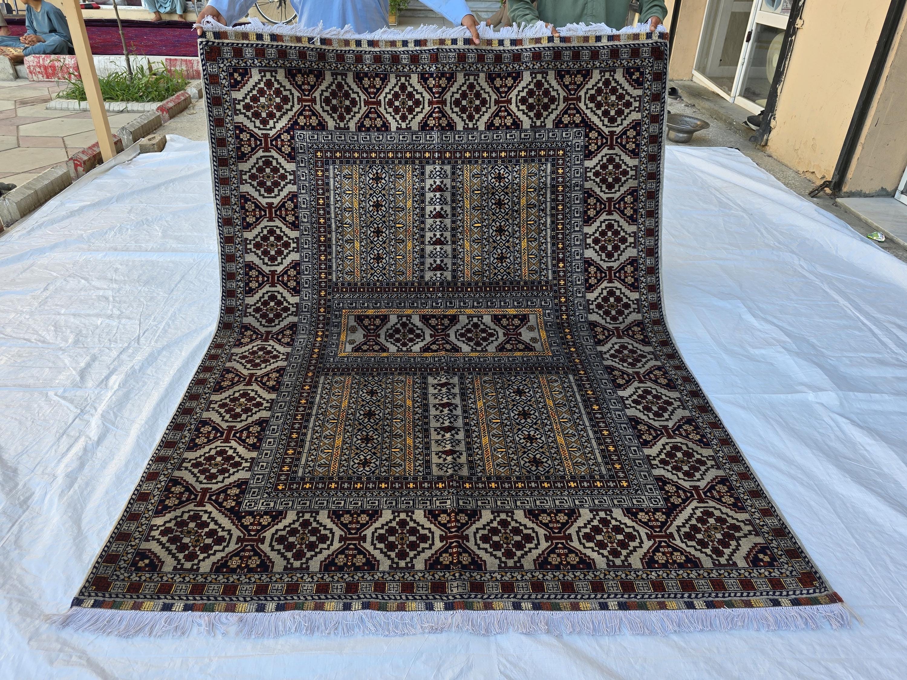 5x7 Modern Turkmen Parda Rug – Multicolor Design on Silver Background – Handmade Wool Carpet – Contemporary Tribal Accent Rug, Bedroom Rug