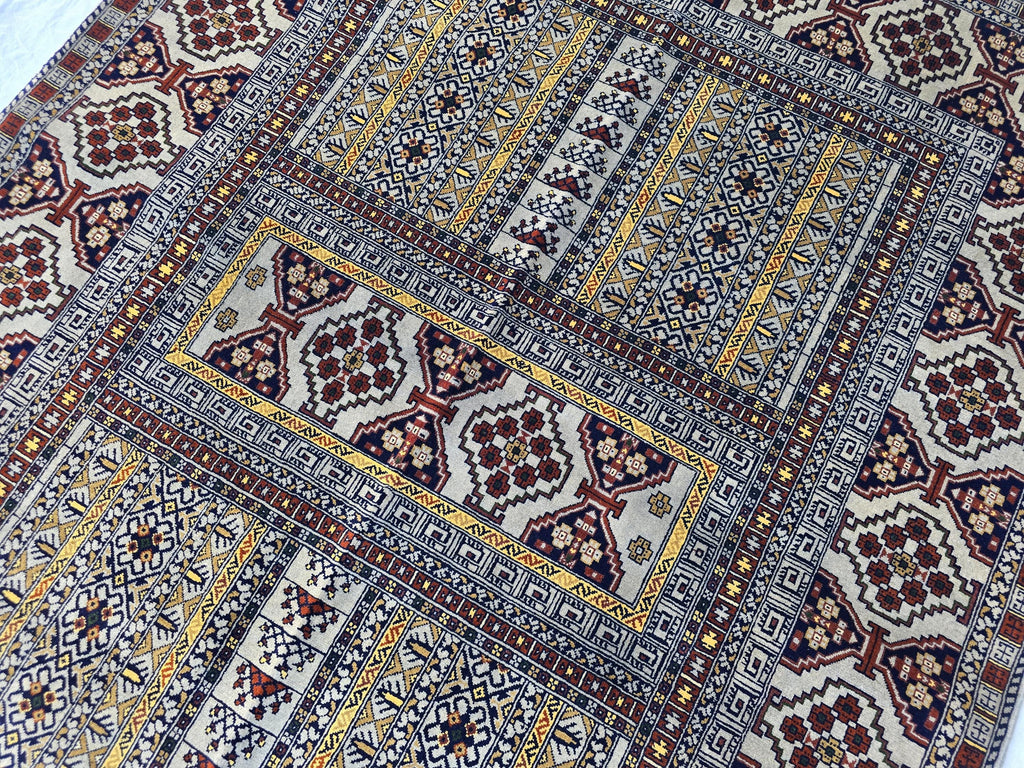 5x7 Modern Turkmen Parda Rug – Multicolor Design on Silver Background – Handmade Wool Carpet – Contemporary Tribal Accent Rug, Bedroom Rug
