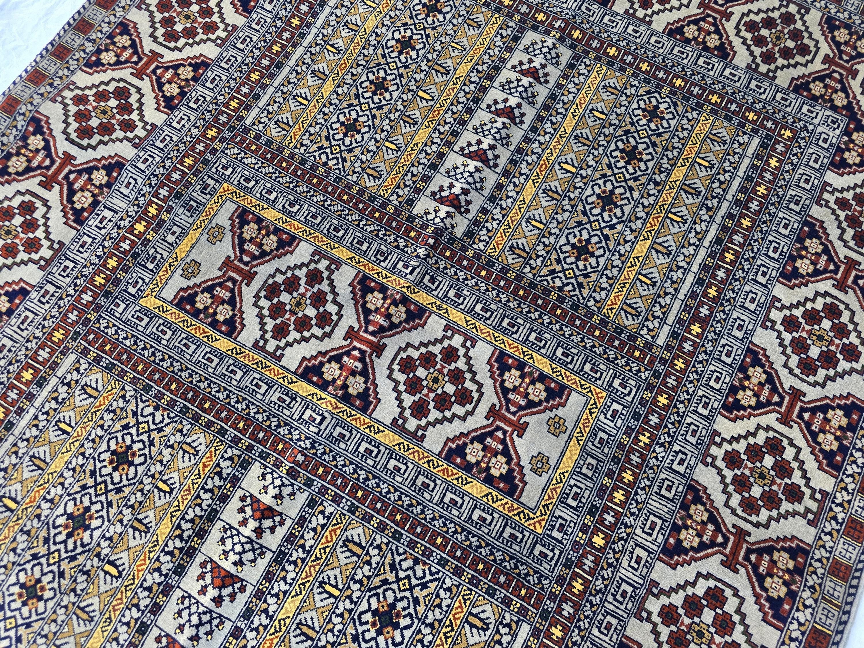 5x7 Modern Turkmen Parda Rug – Multicolor Design on Silver Background – Handmade Wool Carpet – Contemporary Tribal Accent Rug, Bedroom Rug