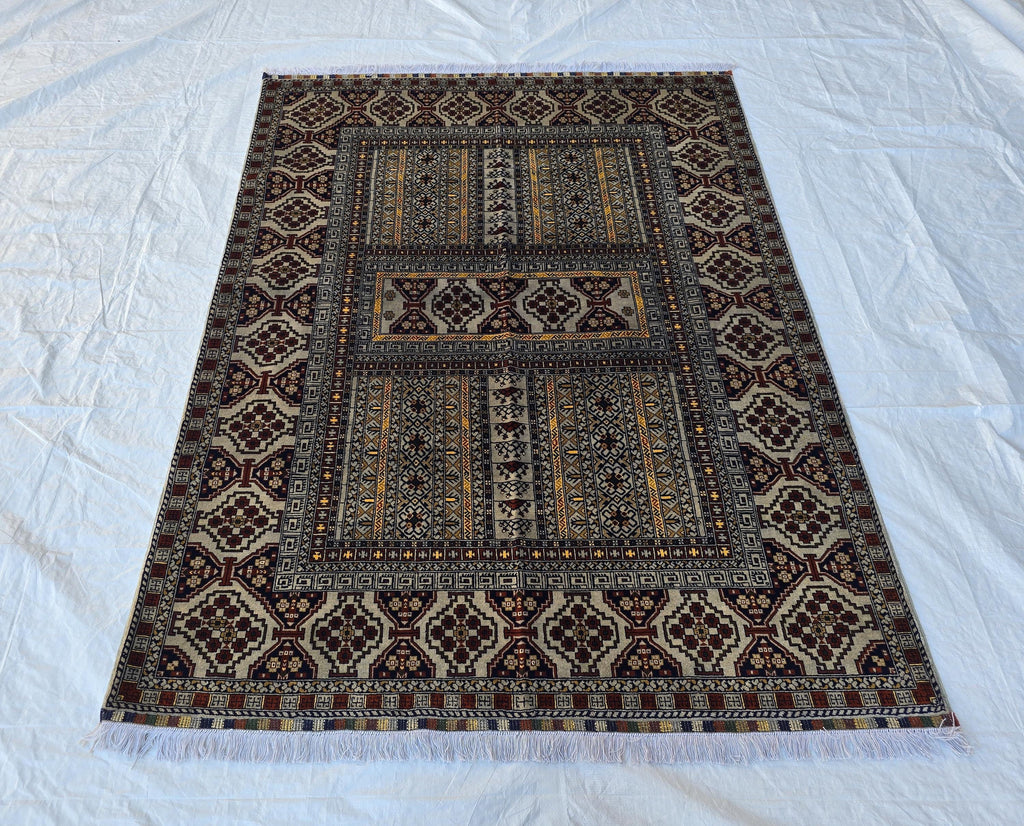 5x7 Modern Turkmen Parda Rug – Multicolor Design on Silver Background – Handmade Wool Carpet – Contemporary Tribal Accent Rug, Bedroom Rug